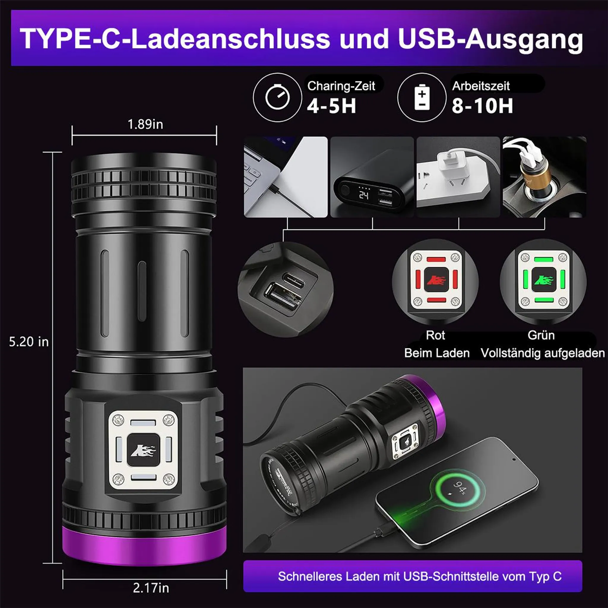 Ein schwarzer und violetter Taschenlampenaufbau mit Ladeinformationen und USB-Anschlüssen.
