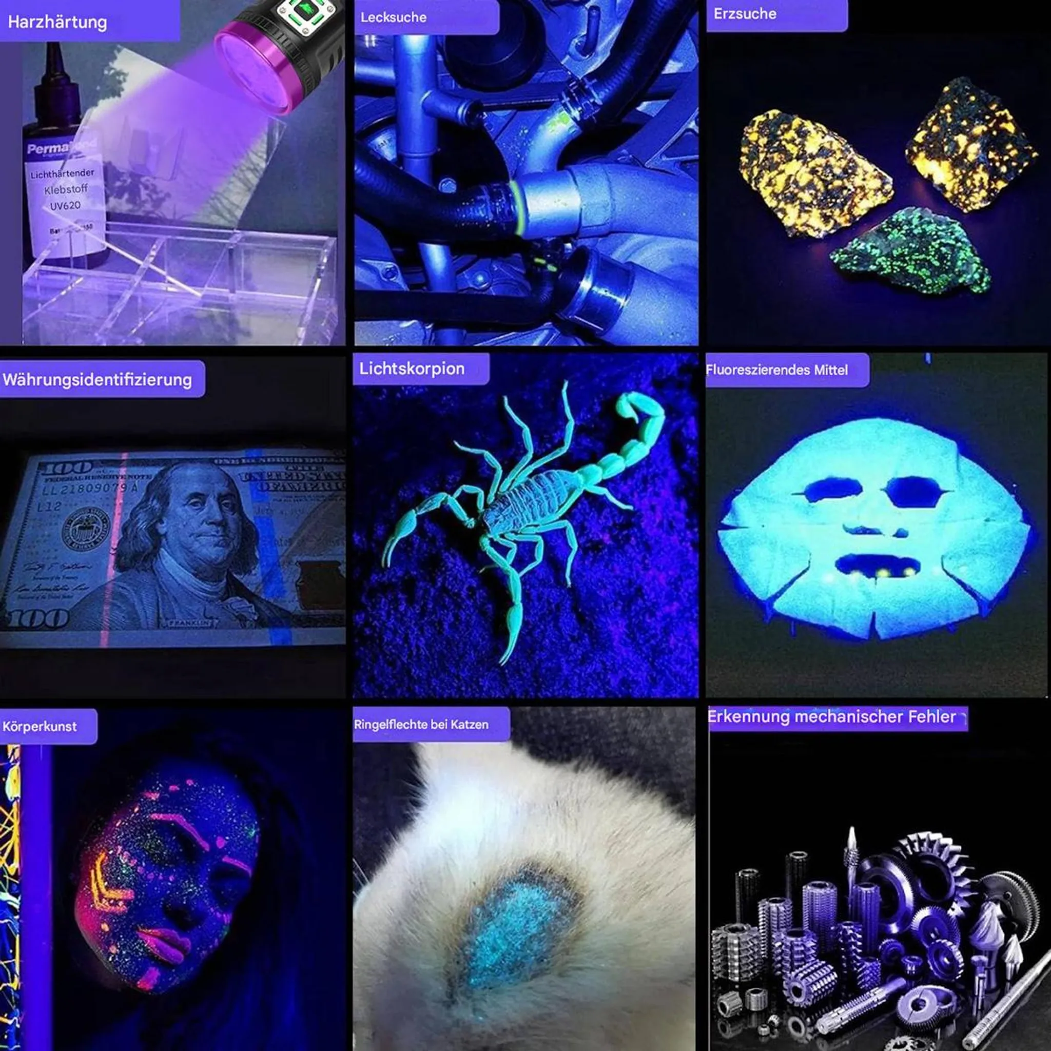 UV-Licht zeigt Harzhärtung, Lecks, Erze, Geldscheine, Skorpione, Gesichtsmasken, Körperkunst, Hautpilz und Zahnräder.