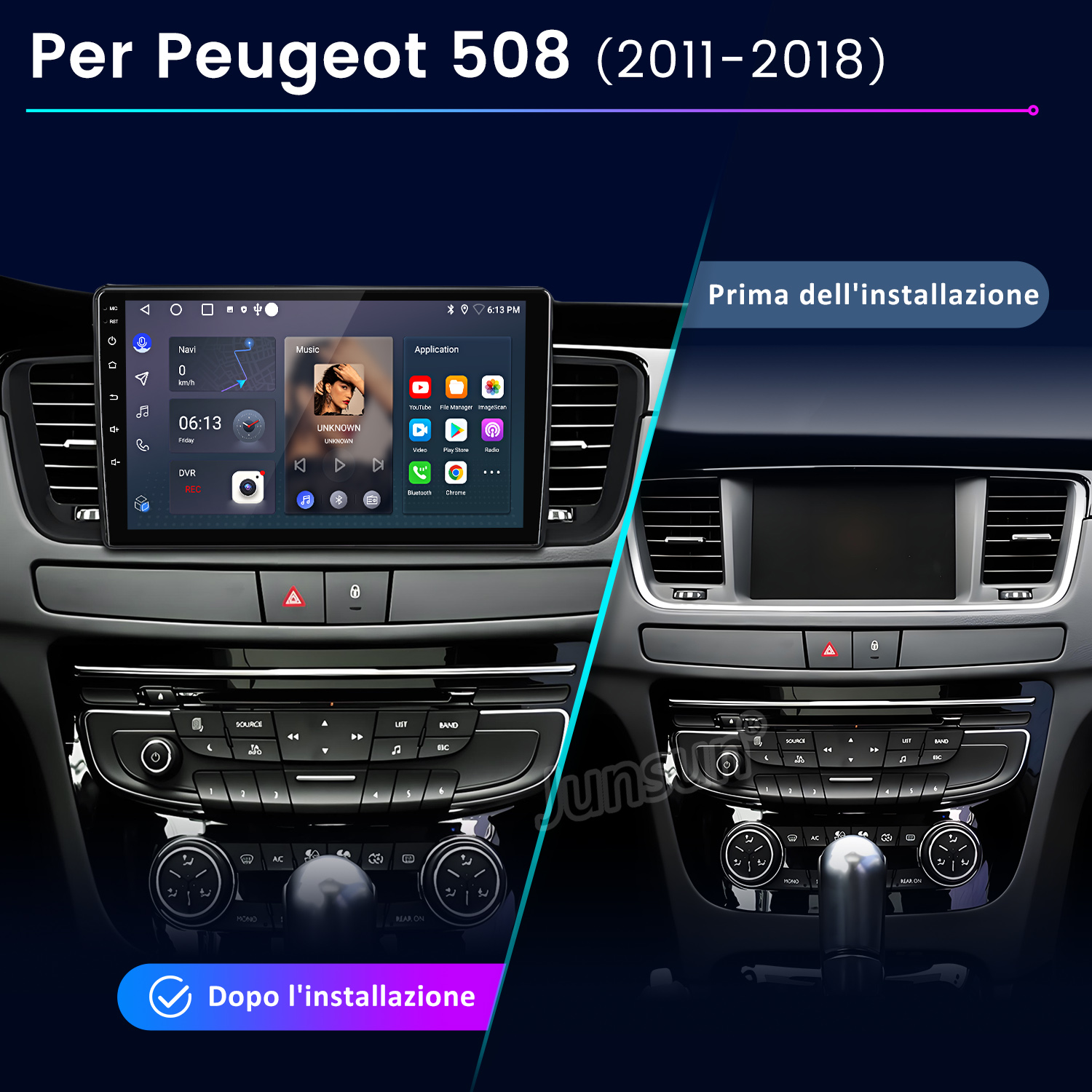 Confronto cruscotto Peugeot 508 prima e dopo installazione nuovo sistema infotainment.