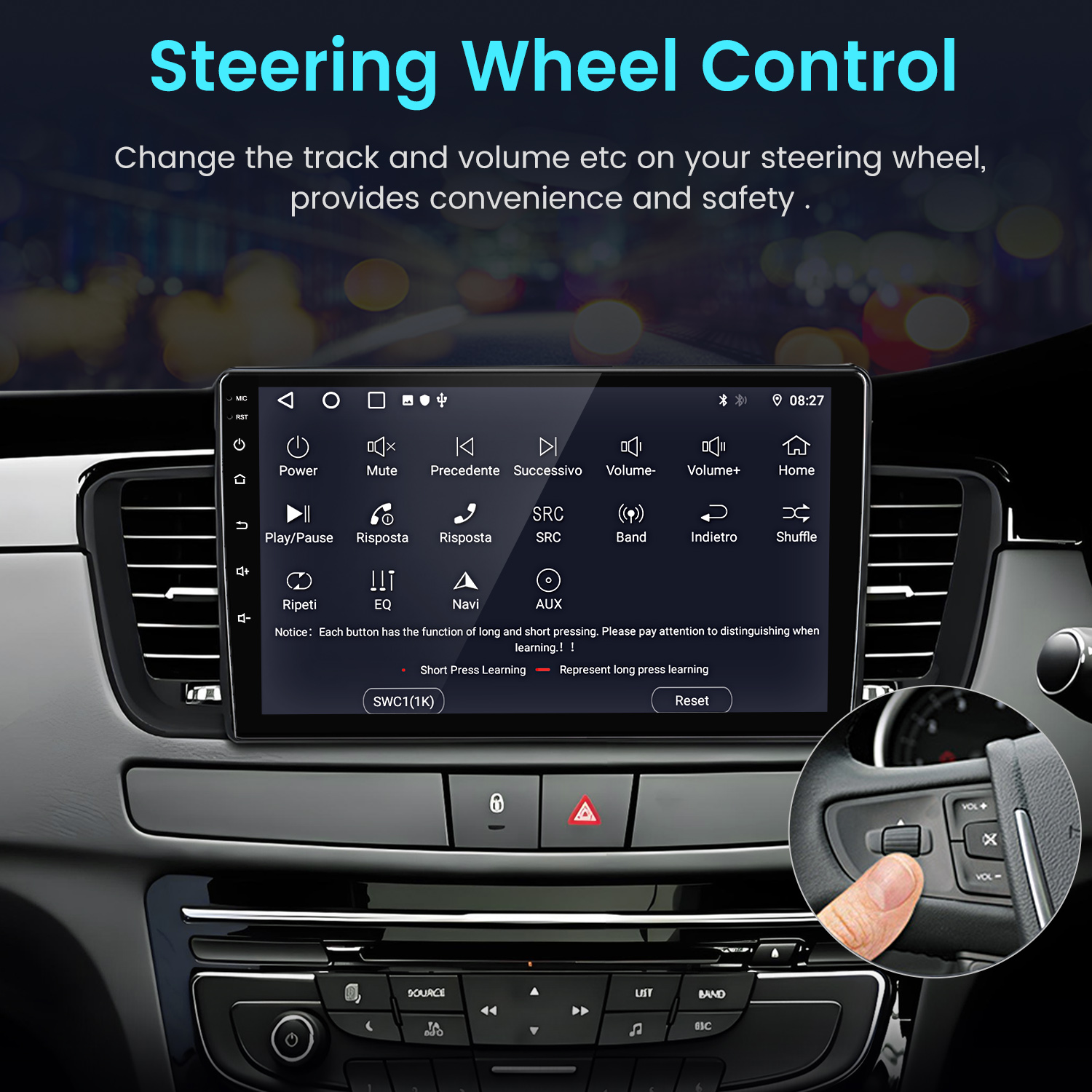 Un touchscreen per auto mostra opzioni di controllo del volante, con un dito che regola il volume sul volante.