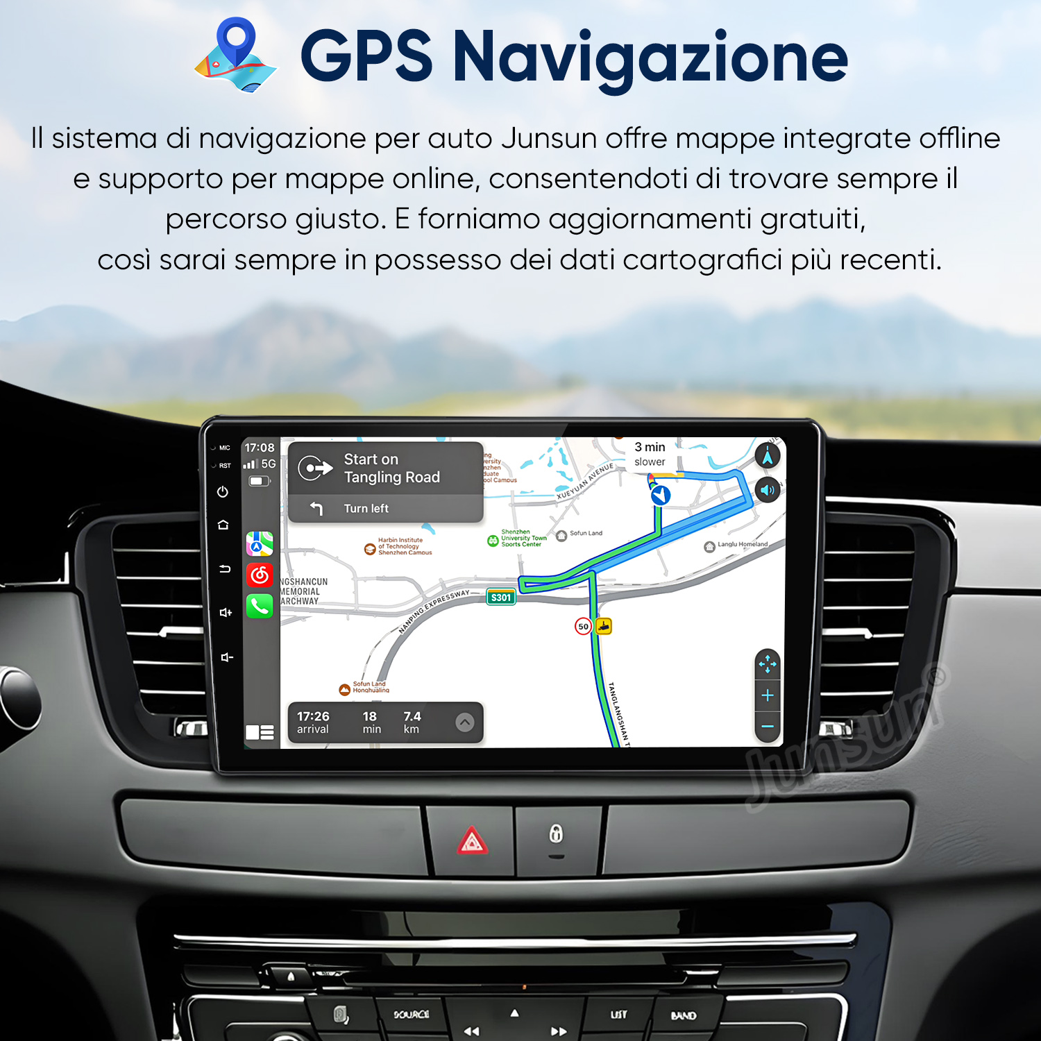Schermo navigazione GPS auto con mappa, percorso, destinazione e ora.