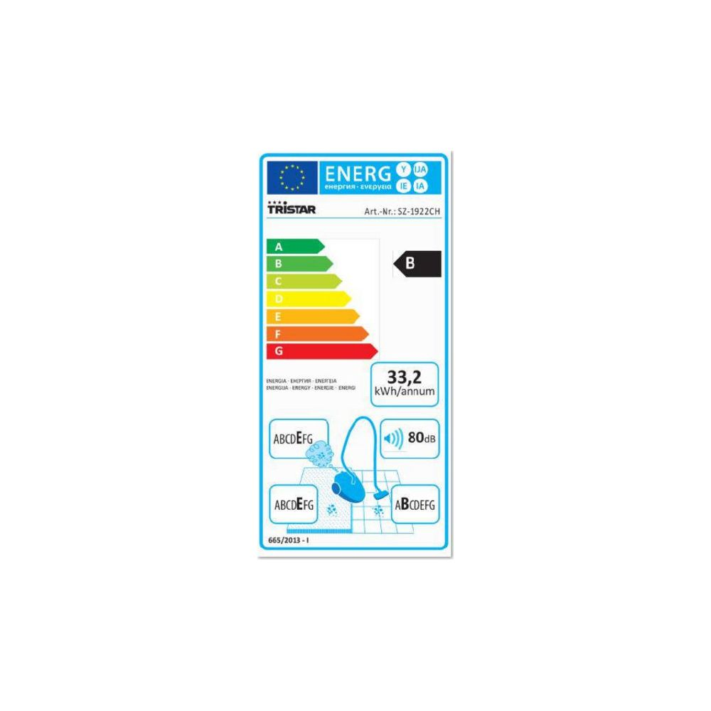 Etichetta efficienza energetica: Classe B, 33,2 kWh/anno, 80dB rumore.