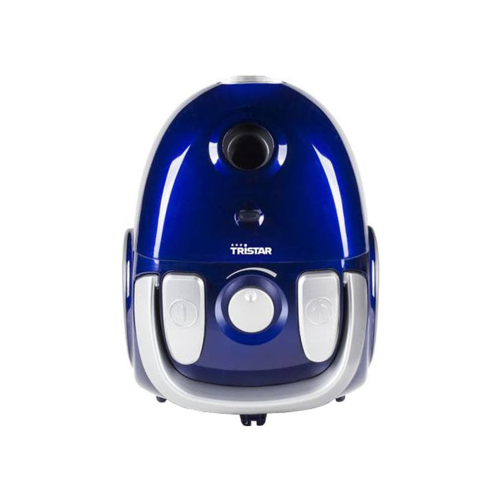Un aspirapolvere Tristar blu lucido con accenti e controlli argentati.