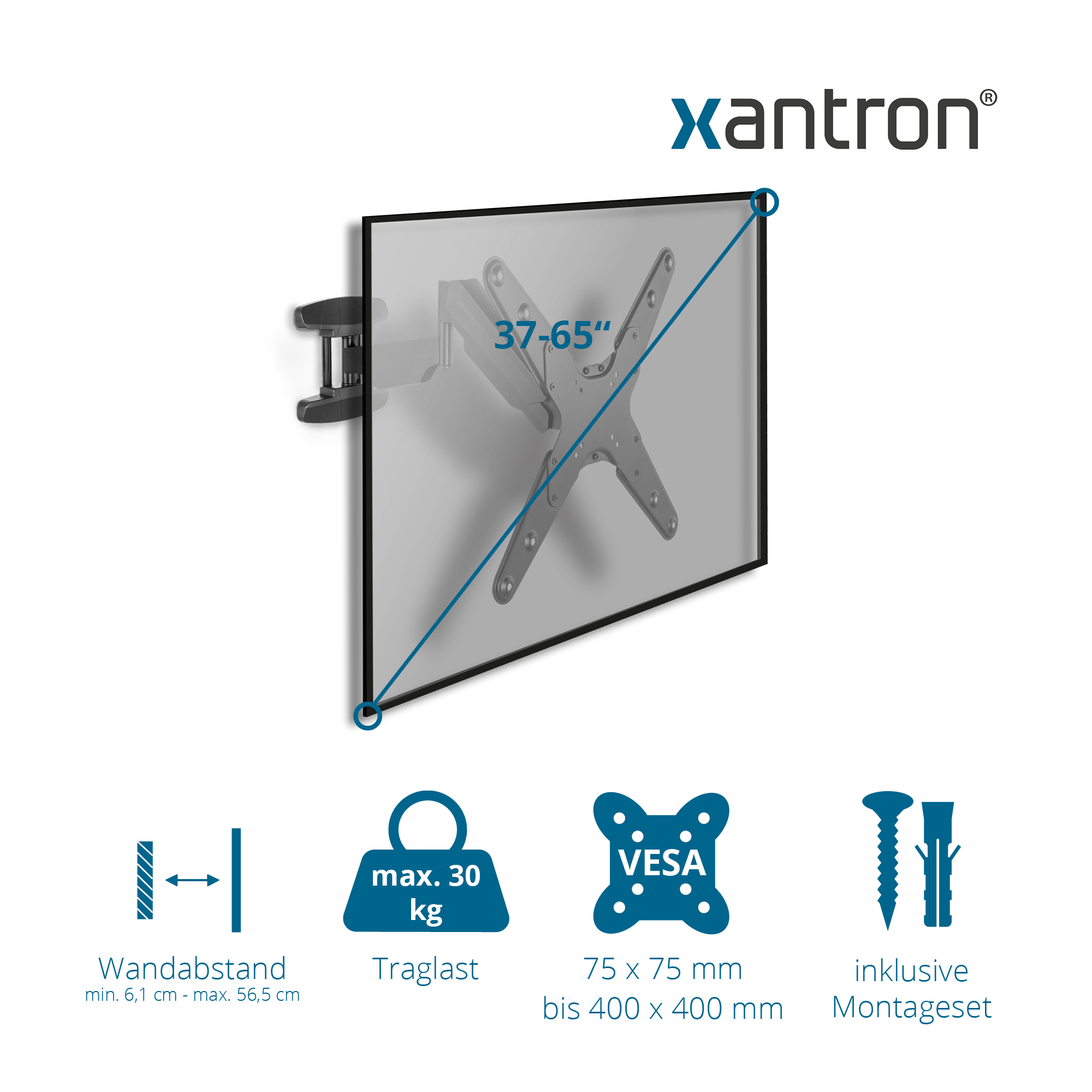 Xantron TV-Wandhalterung für 37-65 Zoll, max. 30 kg, VESA 75-400mm.
