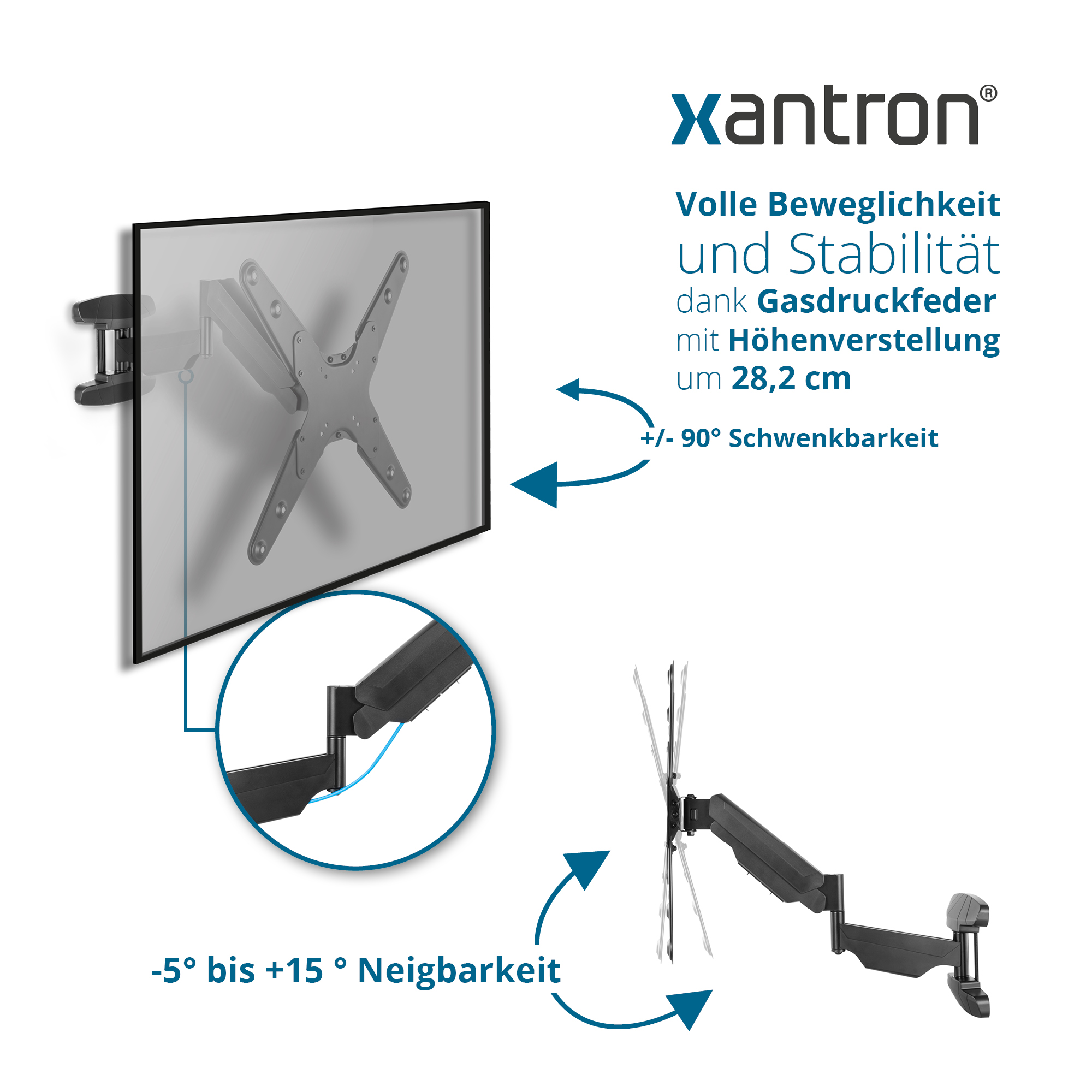 Xantron Monitorarm mit voller Beweglichkeit und Stabilität. Höhenverstellung.