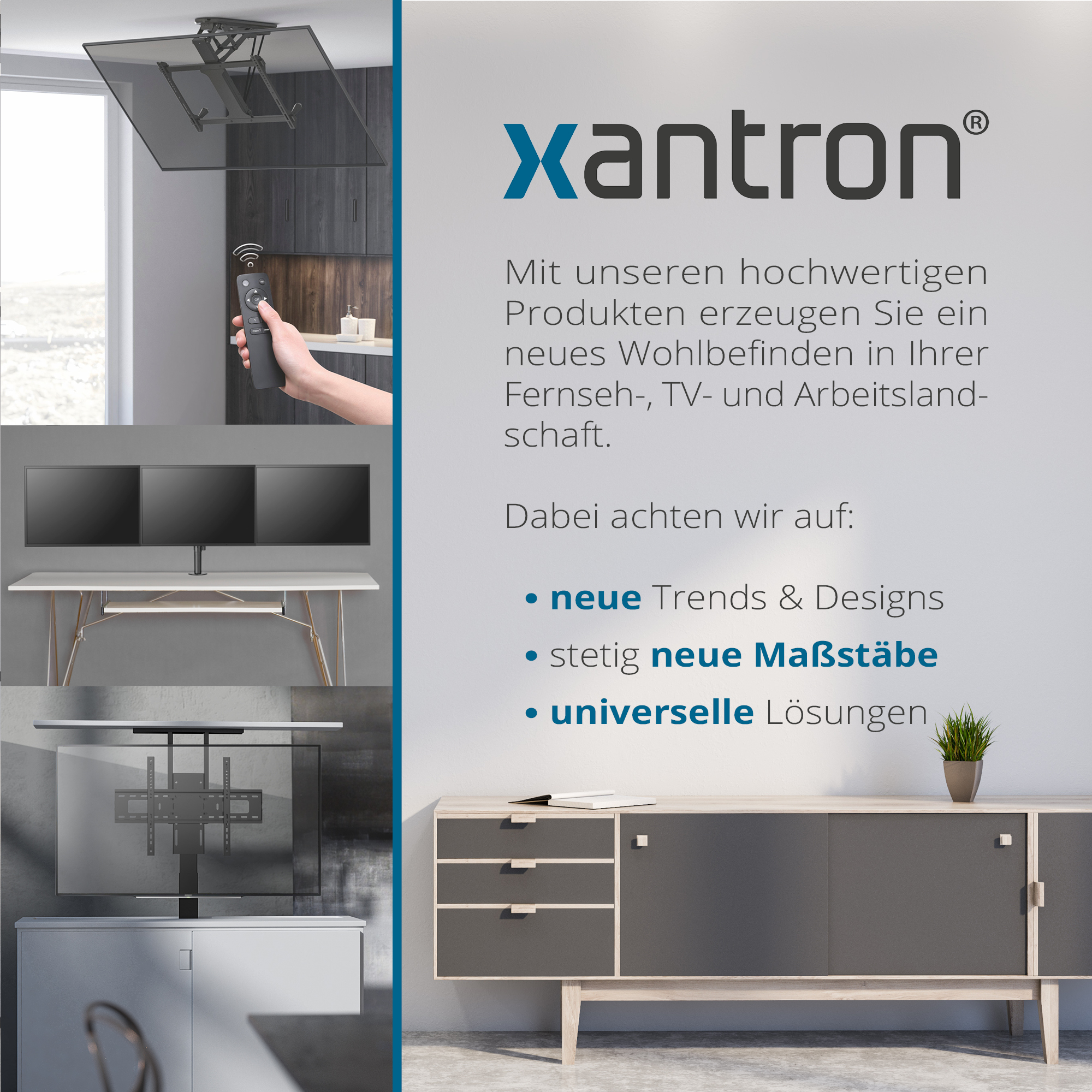 Ein ausfahrbarer TV-Halter mit Fernbedienung, drei Monitore und ein Sideboard.