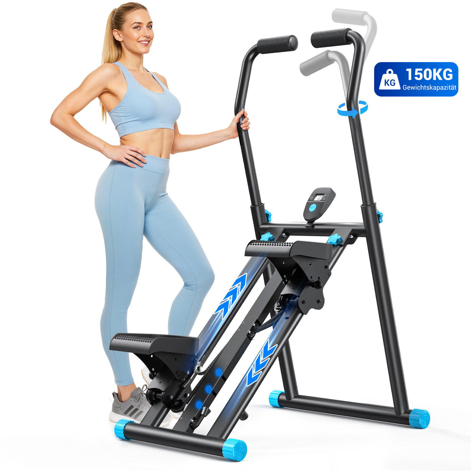 Frau in Trainingskleidung neben einem Heimtrainer mit 150kg Tragfähigkeit.
