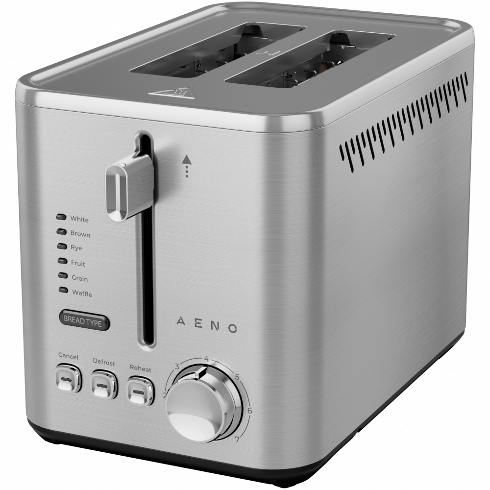 Srebrny toster dwuszczelinowy z elementami sterującymi i ustawieniami.