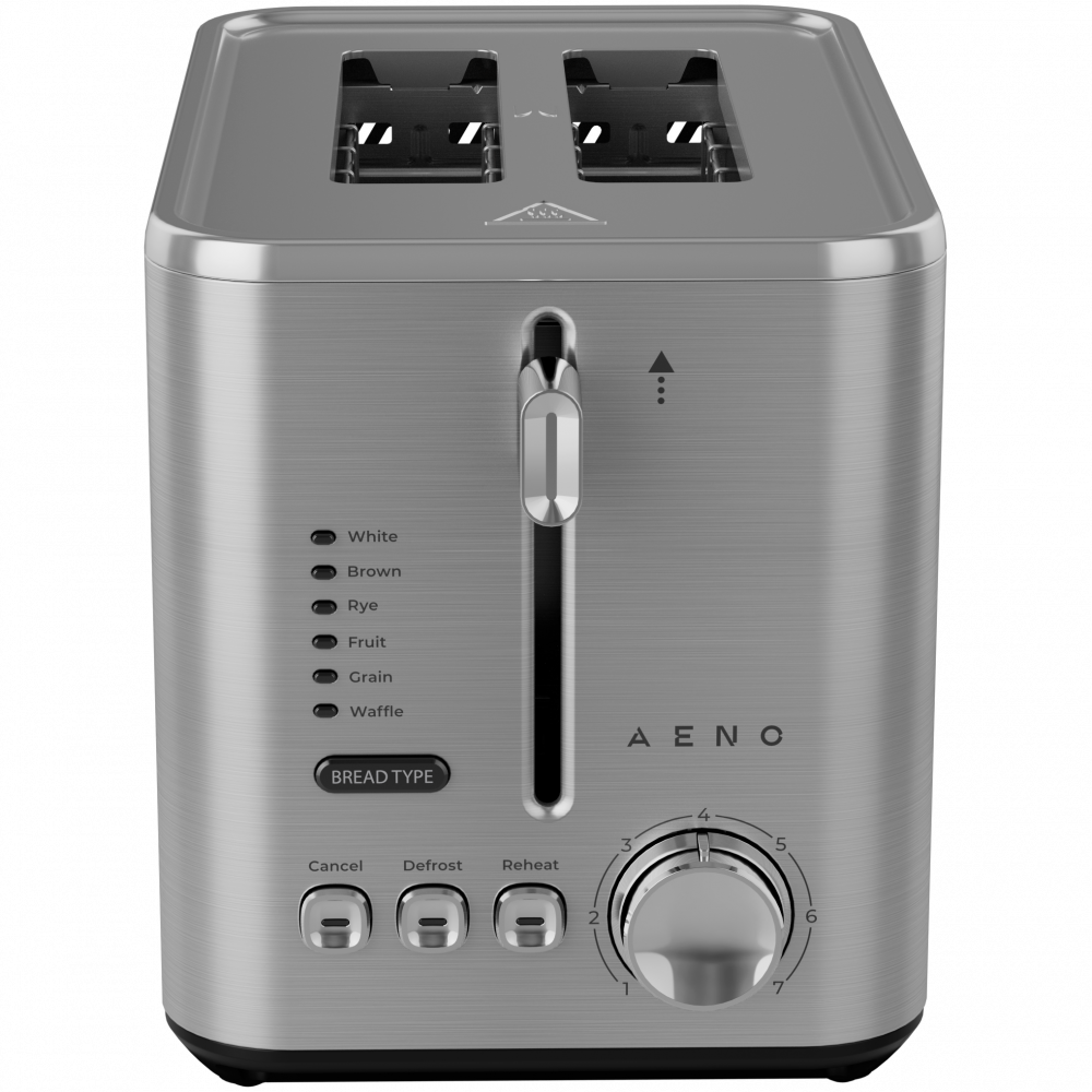Szczotkowany srebrny toster AENO z typem chleba, anuluj, rozmrażaj, podgrzewaj i kontrolą przyrumienienia.