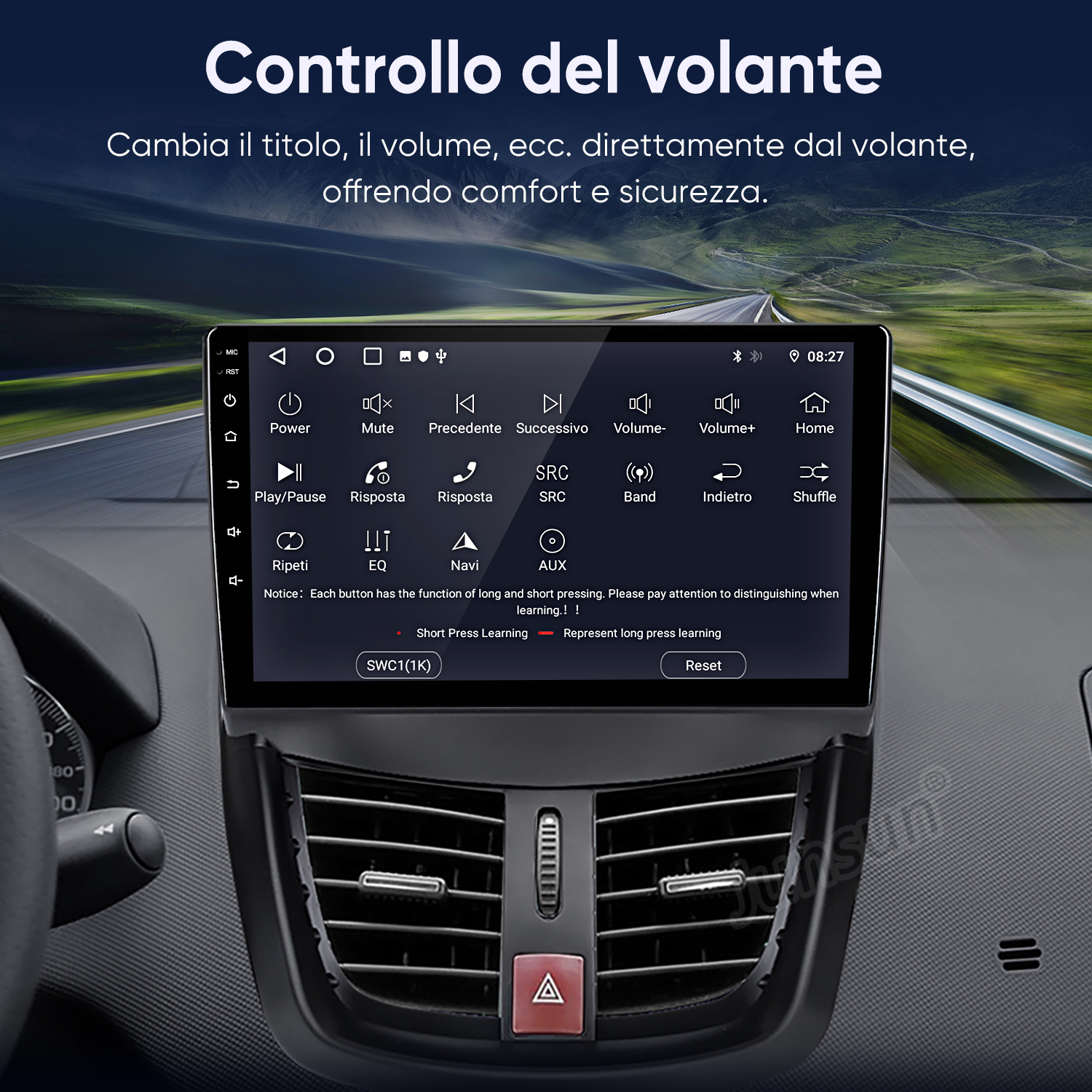 Sistema di infotainment per auto con mappa di navigazione e icone di controllo.
