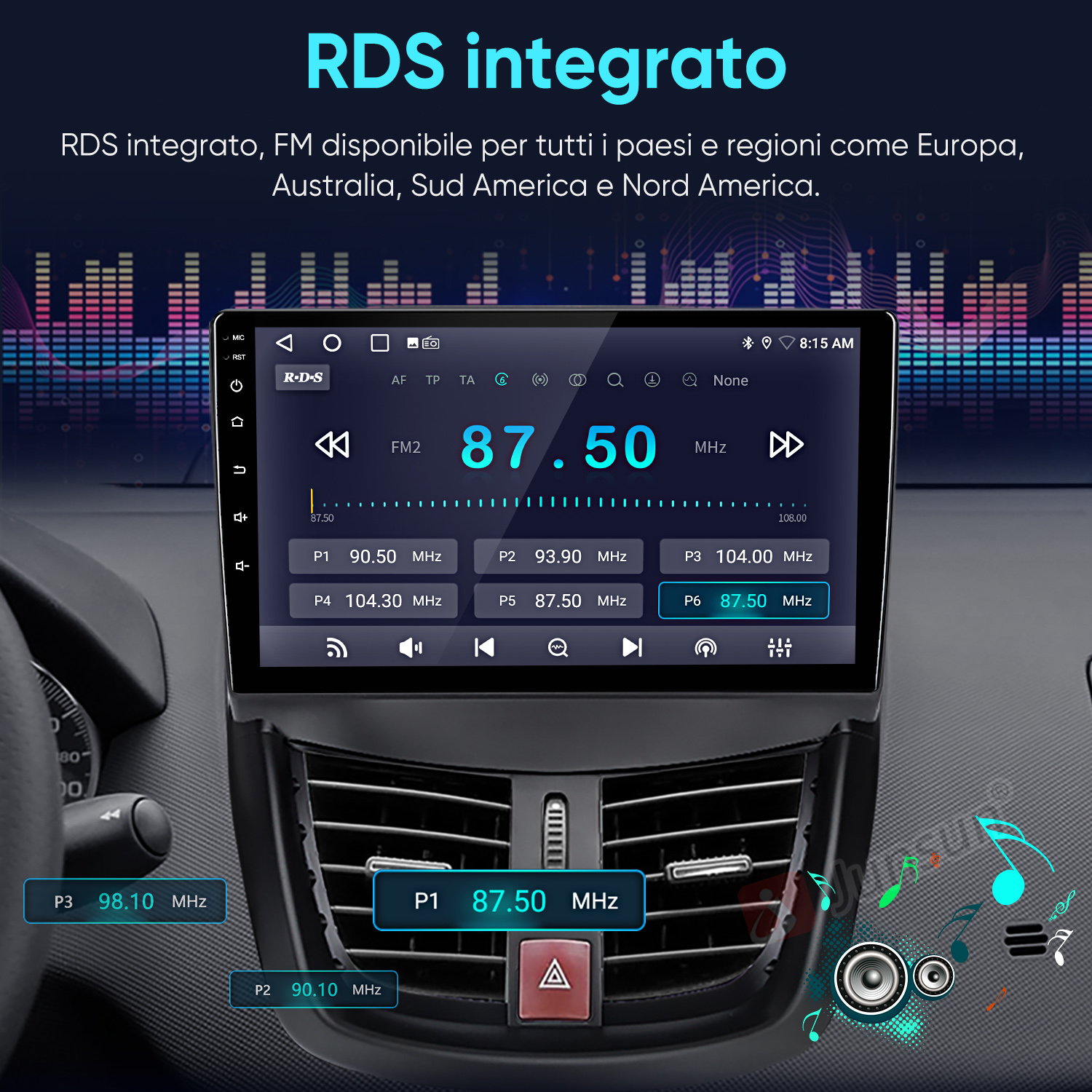 Schermo di un'autoradio con informazioni RDS e grafica dell'equalizzatore.