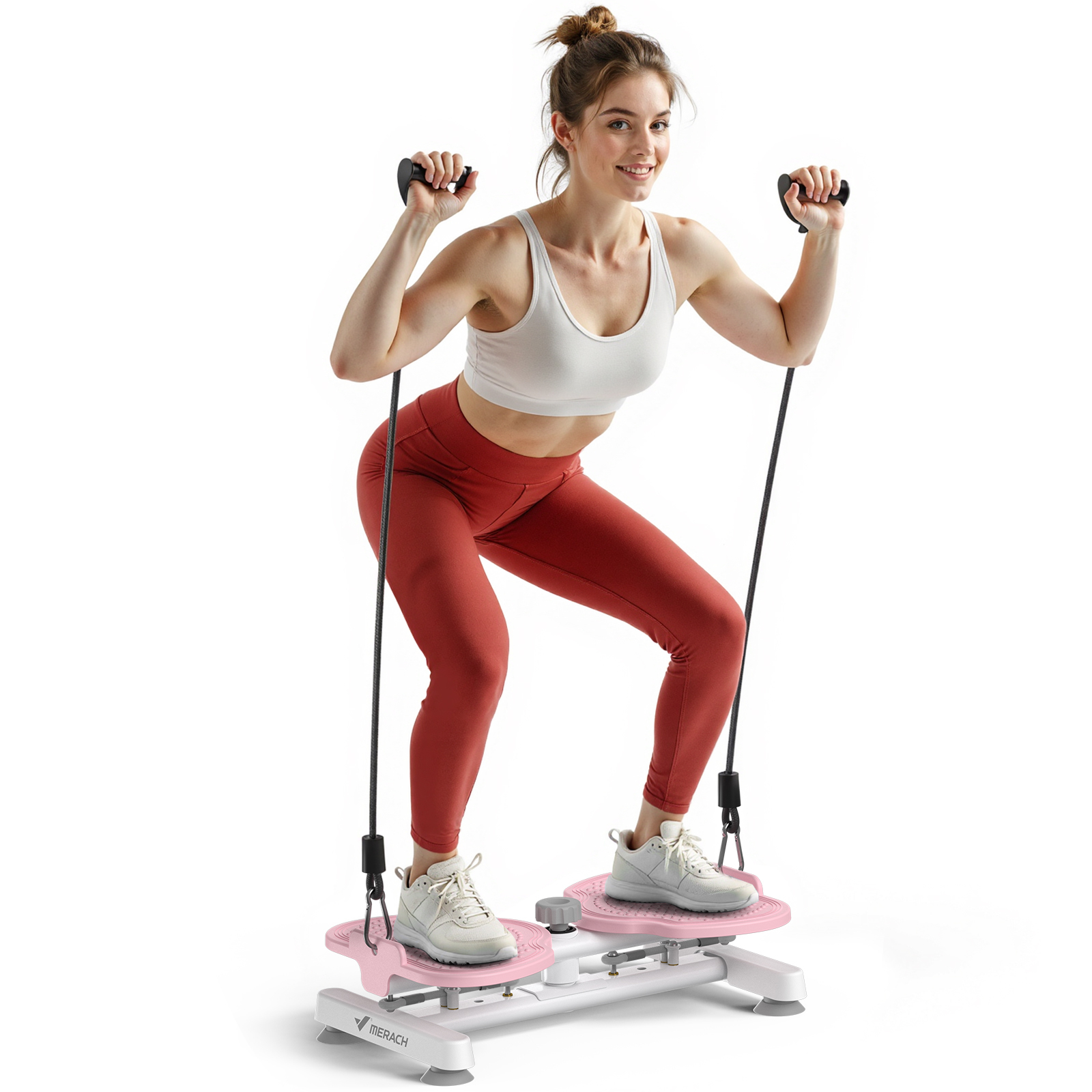 Frau in roter Hose und weißem Top trainiert mit rosa Stepper und Seilzügen.