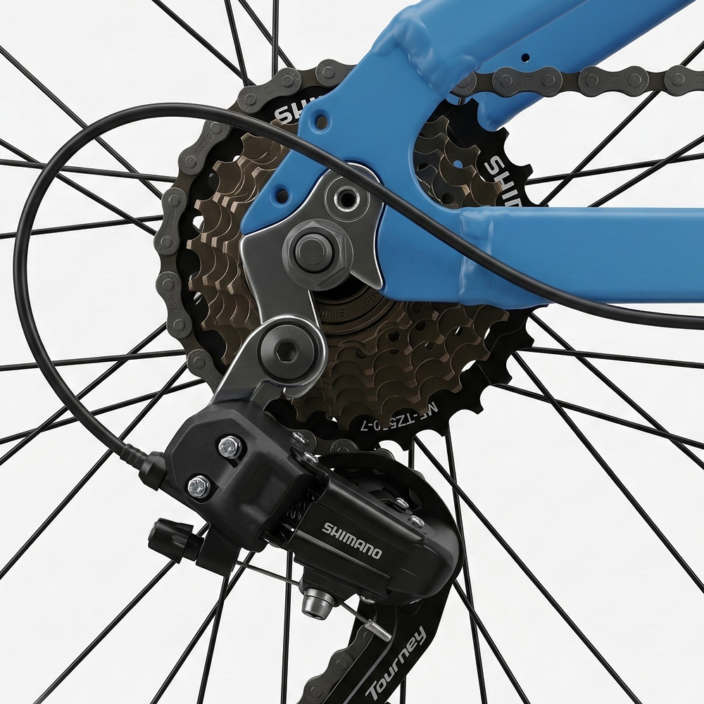 Nahaufnahme der Fahrradkassette mit Schaltwerk und blauem Rahmen.