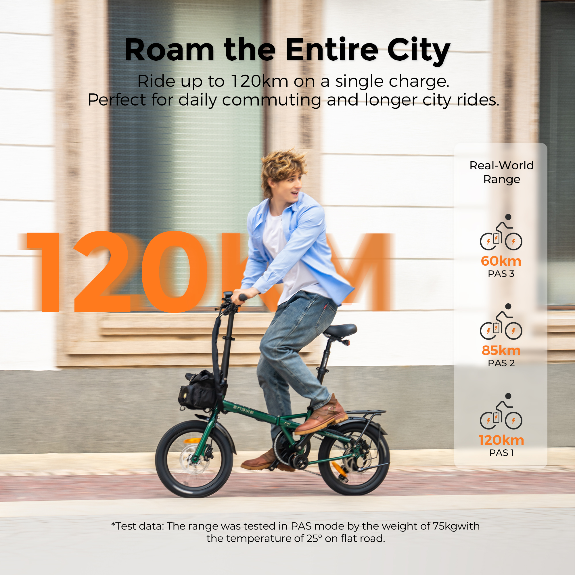 Un uomo guida una e-bike verde con grande testo '120KM'. Dettagli sull'autonomia visibili.
