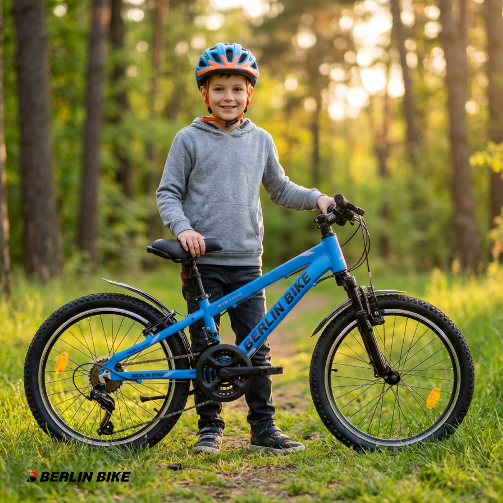 Ein Junge mit Helm steht neben einem blauen Fahrrad im Wald.
