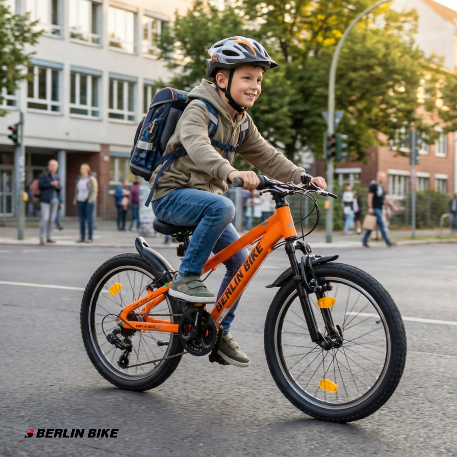 Ein Junge mit Helm und Rucksack fährt ein orangefarbenes Fahrrad auf einer Straße.