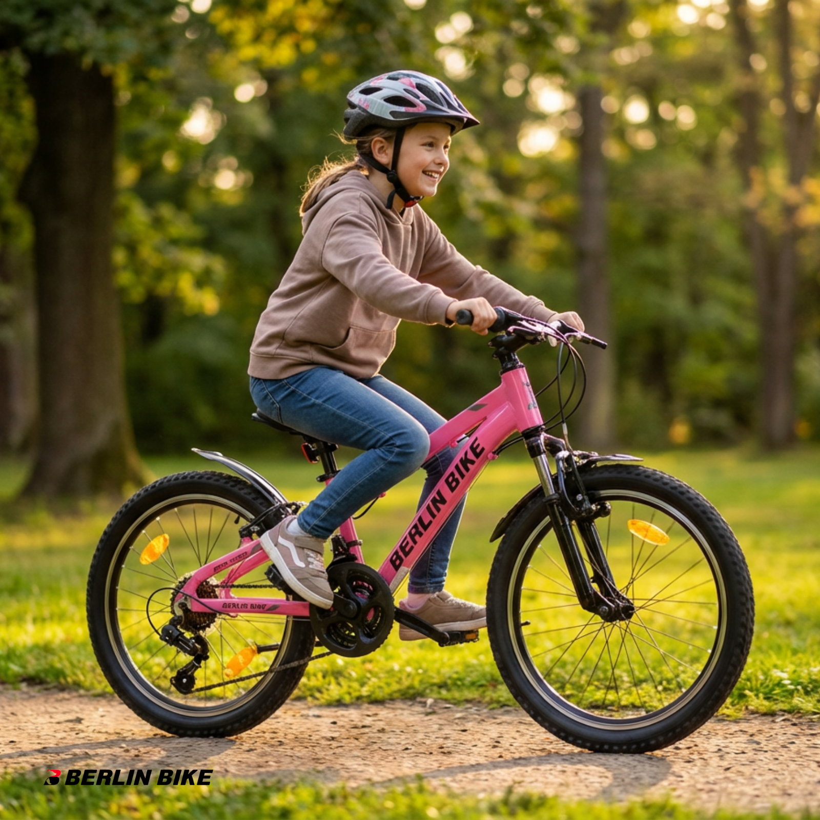 Ein Mädchen mit Helm fährt ein pinkes Fahrrad in einem Park.