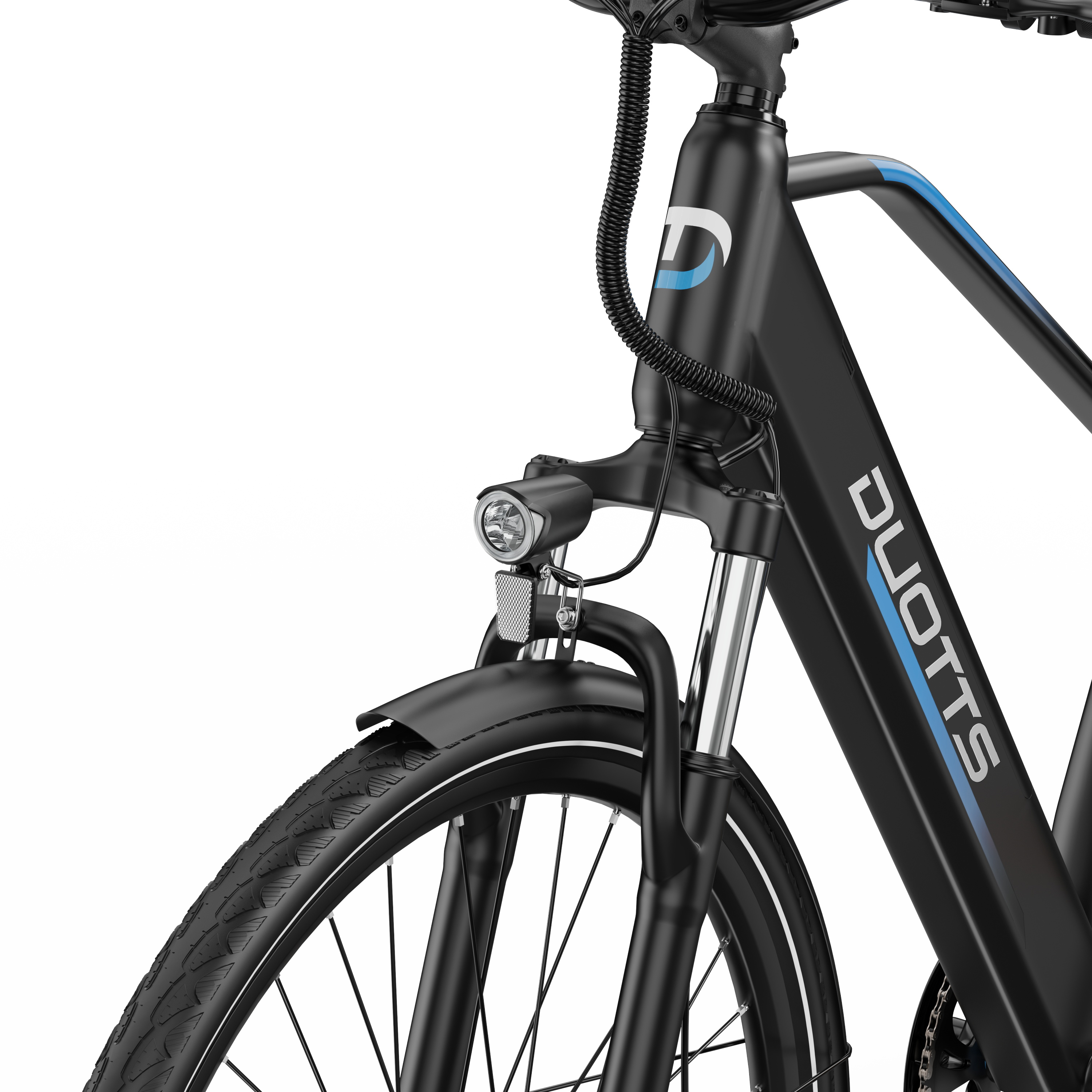 Schwarzes Elektrofahrrad Vorderreifen, Schutzblech und Lenker mit blauen Akzenten.