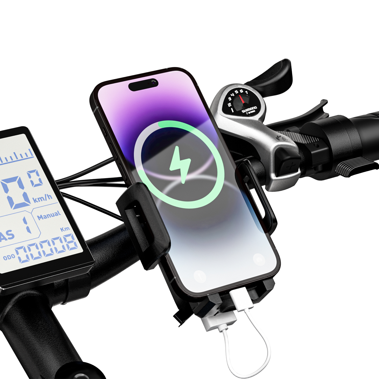 Fahrradlenker mit Smartphone-Halterung, Ladeanzeige und Gangschaltung.