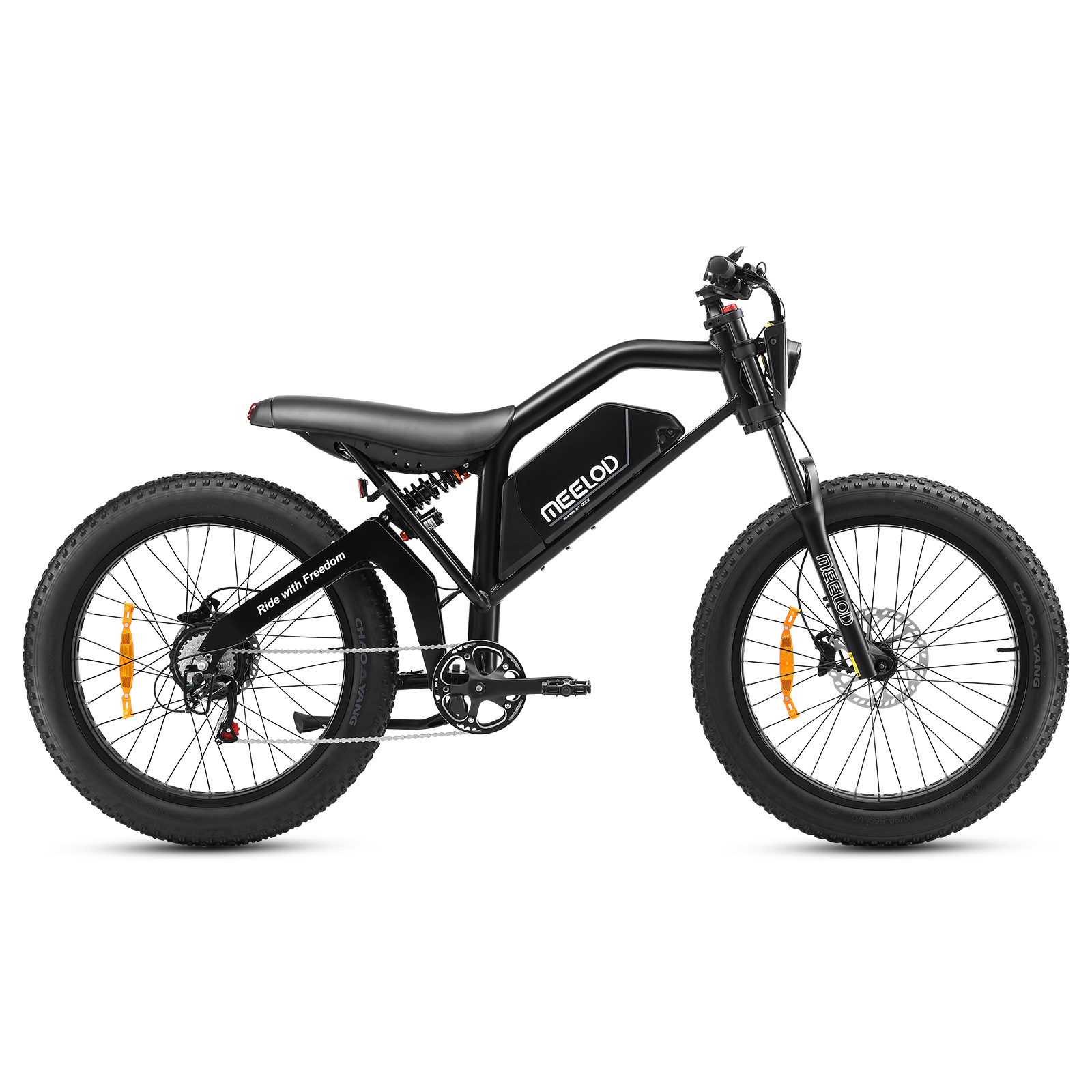 Czarny rower elektryczny fat bike z amortyzacją i logo MEELOD.