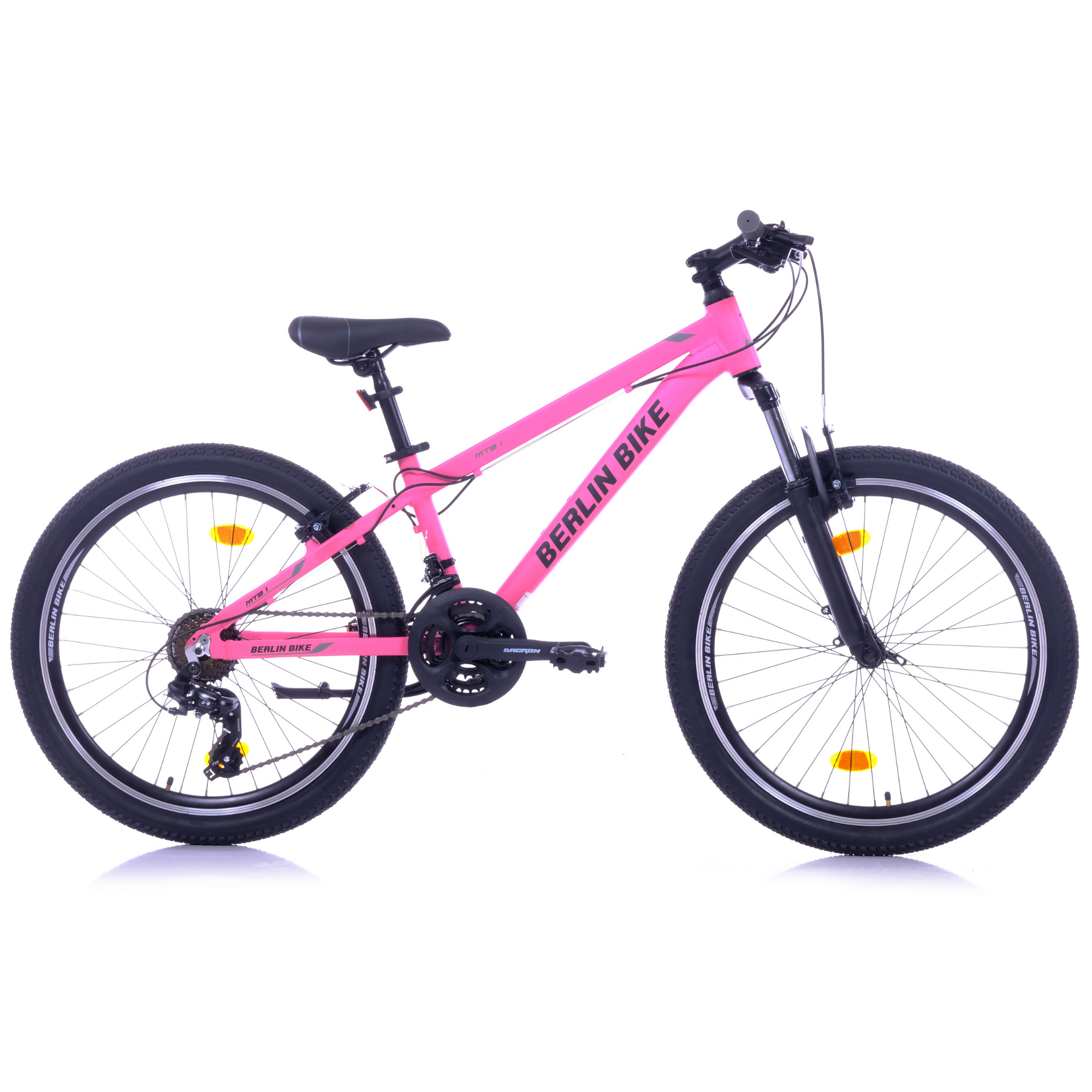 Ein pinkes Fahrrad mit schwarzem Sattel, Lenker und Reifen.