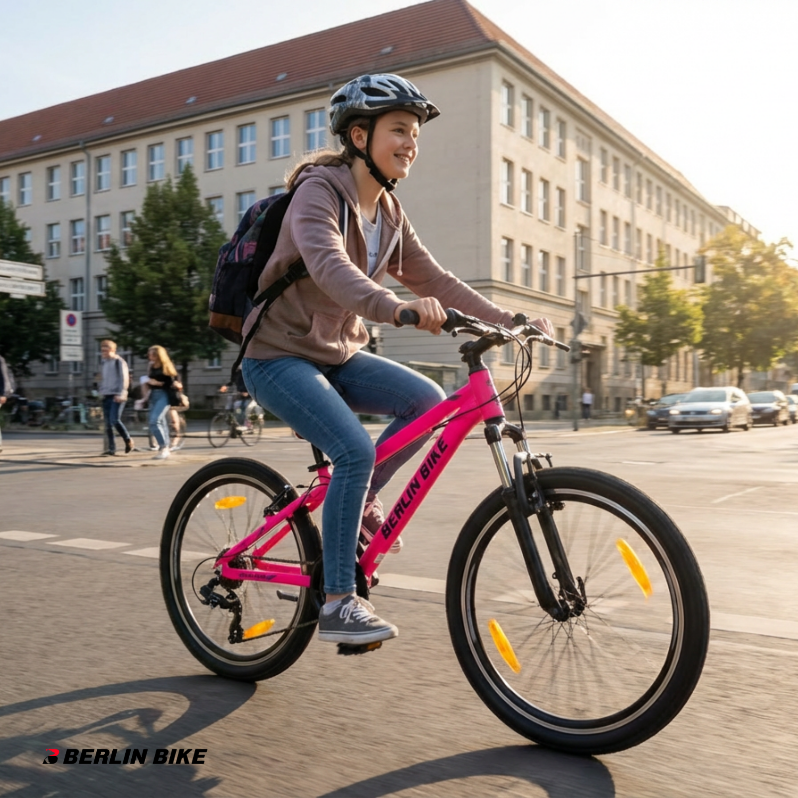 Ein Mädchen fährt ein pinkes Fahrrad mit Helm und Rucksack auf einer Straße.