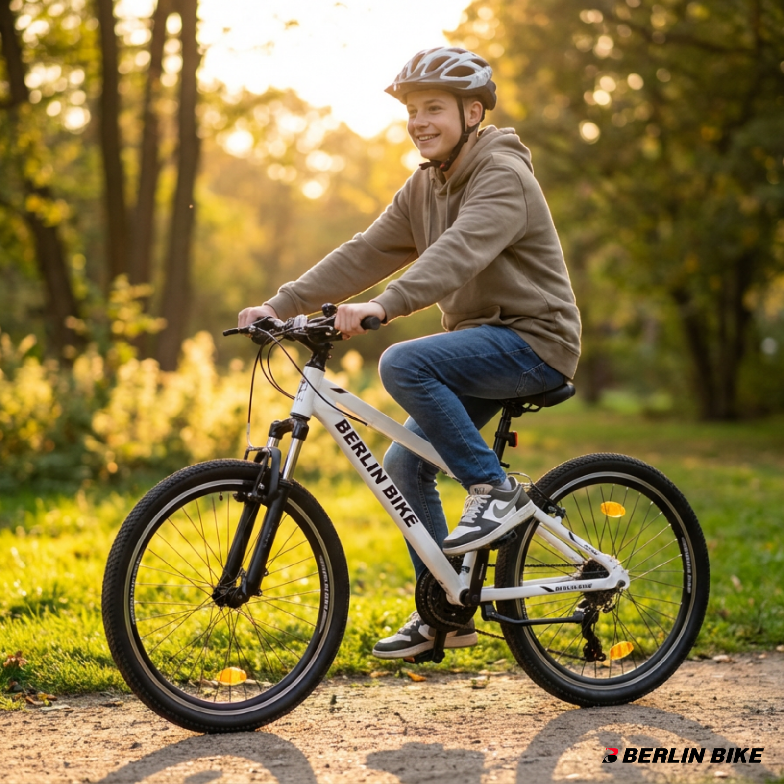 Ein Junge mit Helm fährt ein weißes Fahrrad auf einem Feldweg im Sonnenlicht.
