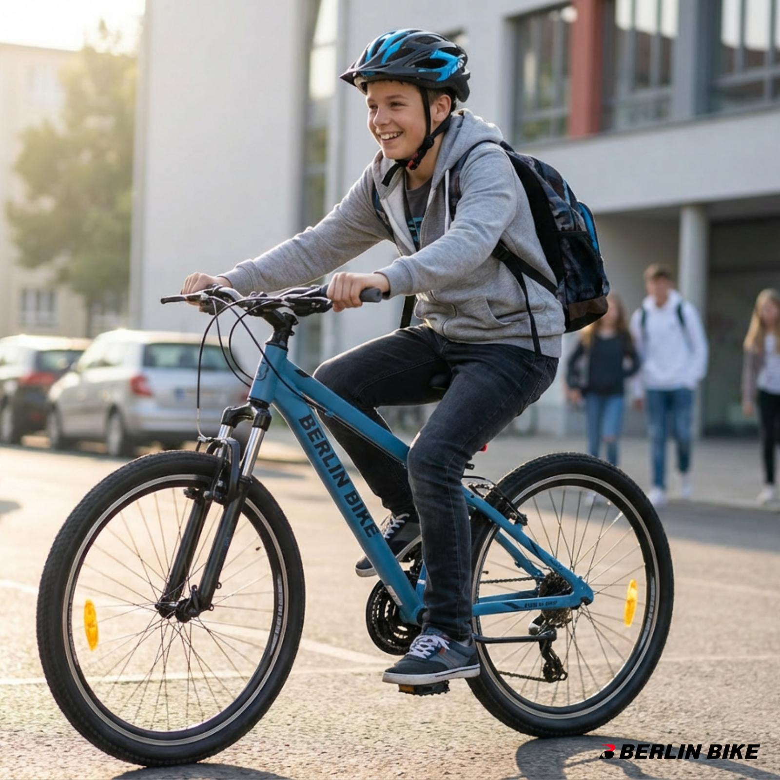 Ein Junge mit Helm fährt ein blaues Fahrrad, trägt einen Rucksack.