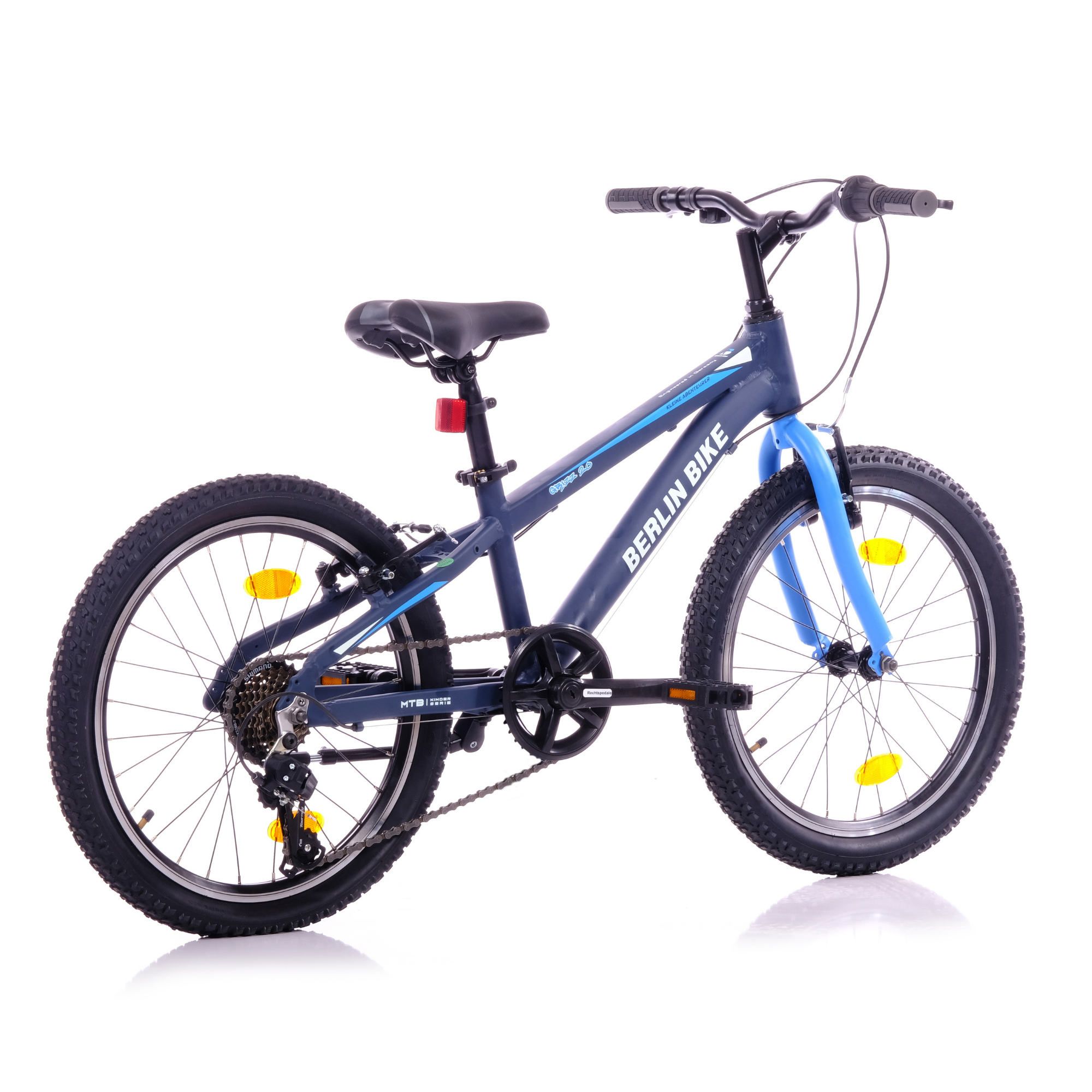 Dunkelblaues Kinderfahrrad mit blauer Gabel, schwarzen Reifen und silbernen Felgen.