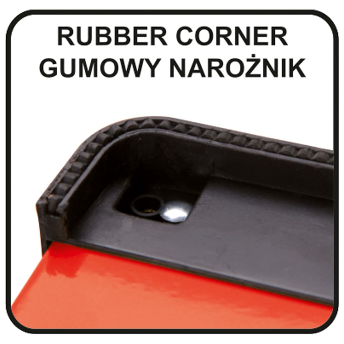 Angolo in gomma nero con rivetti ed elemento rosso.