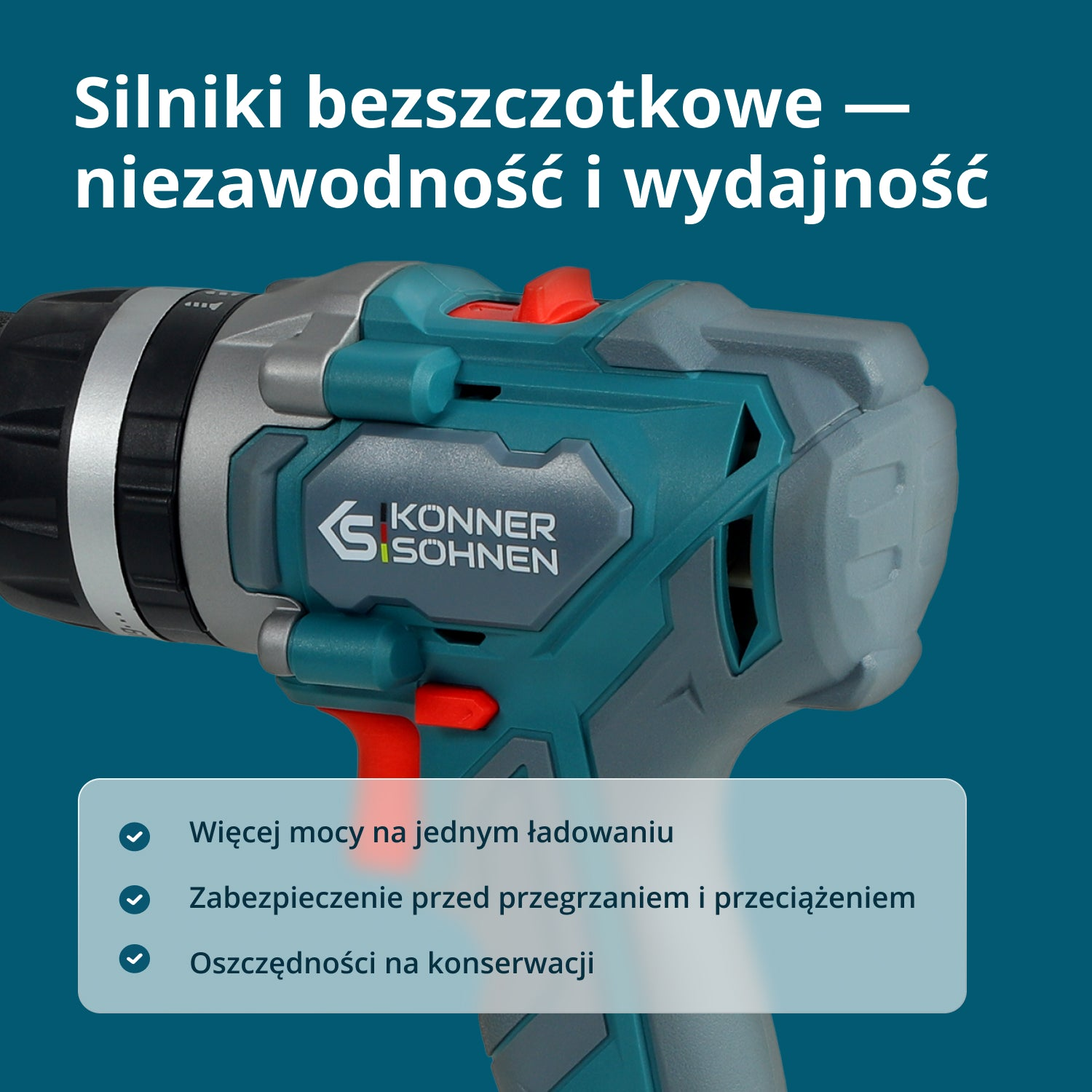 Zbliżenie wkrętarki akumulatorowej z białym tekstem na niebieskim tle.