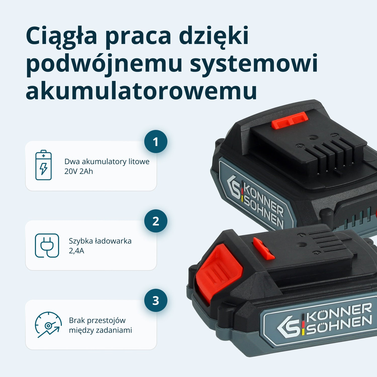Dwa czarne akumulatory z czerwonymi przyciskami. Tekst o podwójnym systemie.