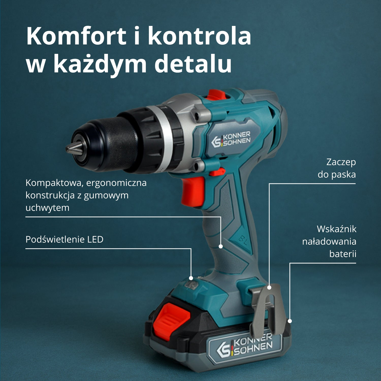 Niebiesko-szary wkrętarka akumulatorowa z czerwonymi akcentami na ciemnym tle.