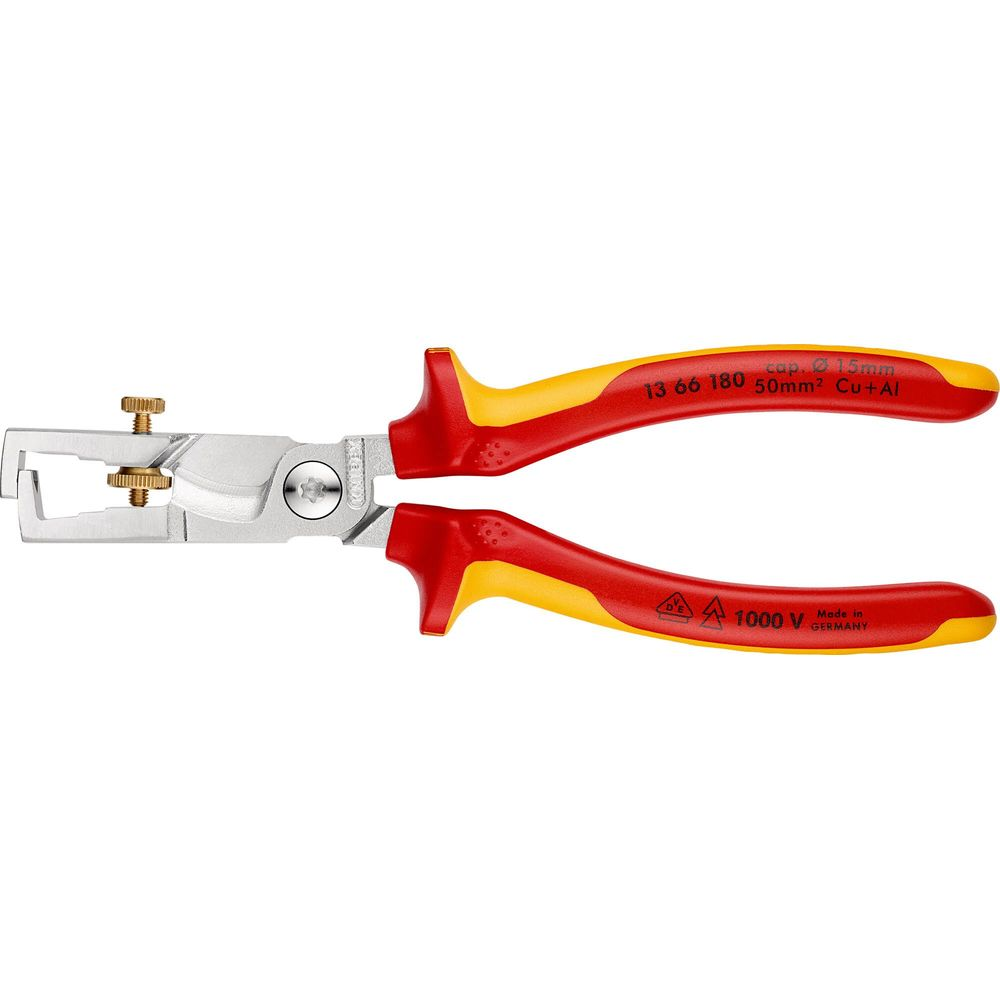 Pinza spelafili con manici rossi e gialli, 1000 V, made in Germany.