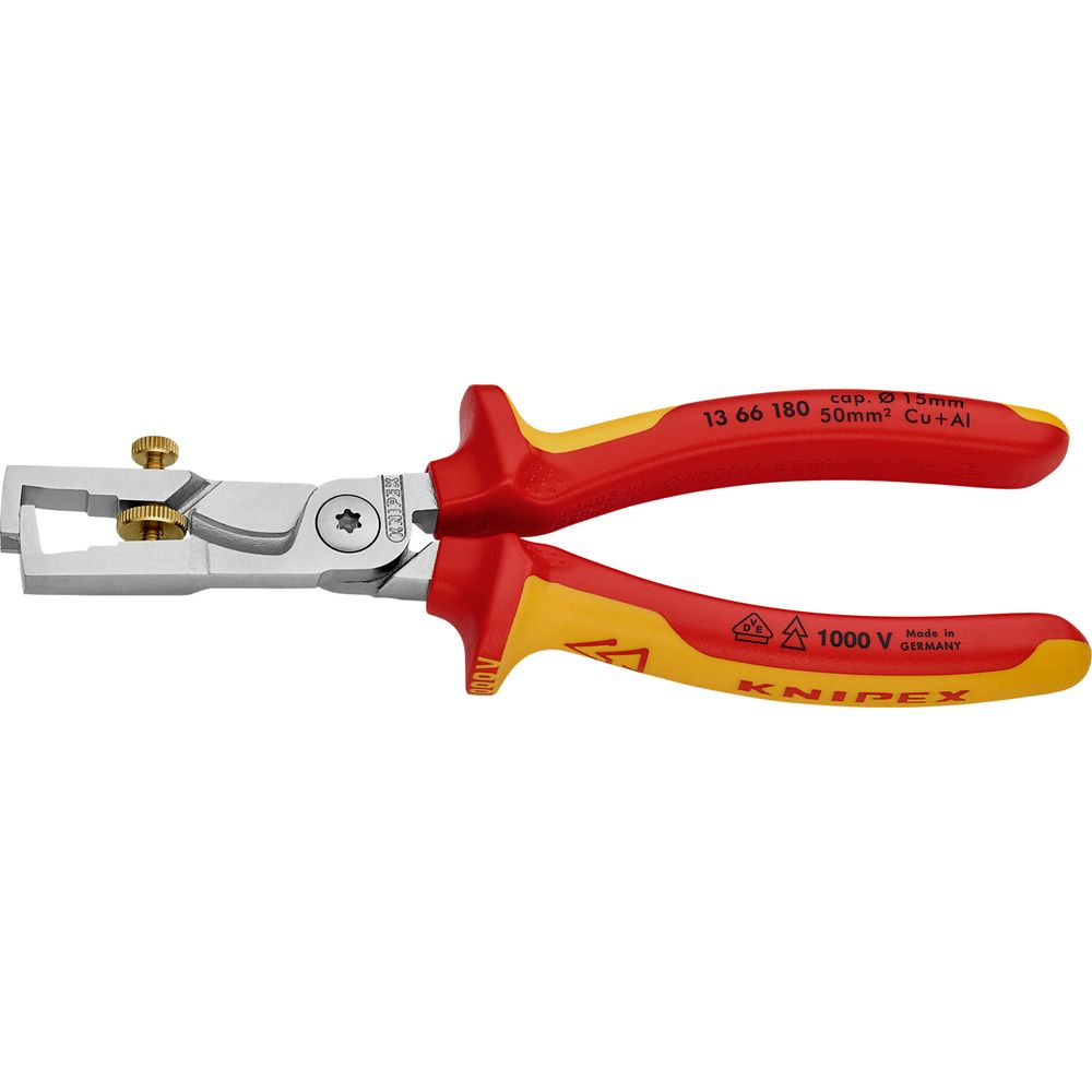 Pinza spelafili Knipex rossa e gialla con lame e viti argentate.