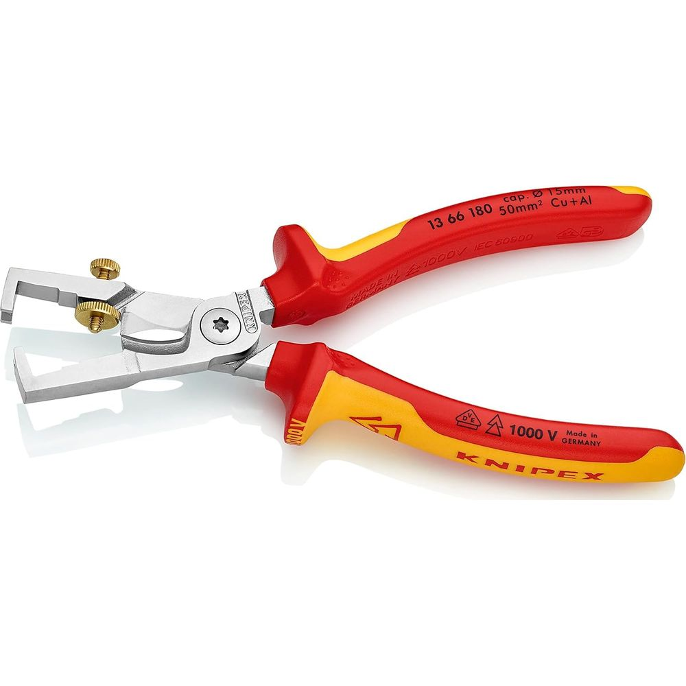 Una pinza spelafili Knipex rossa e gialla con testine di taglio argentate.