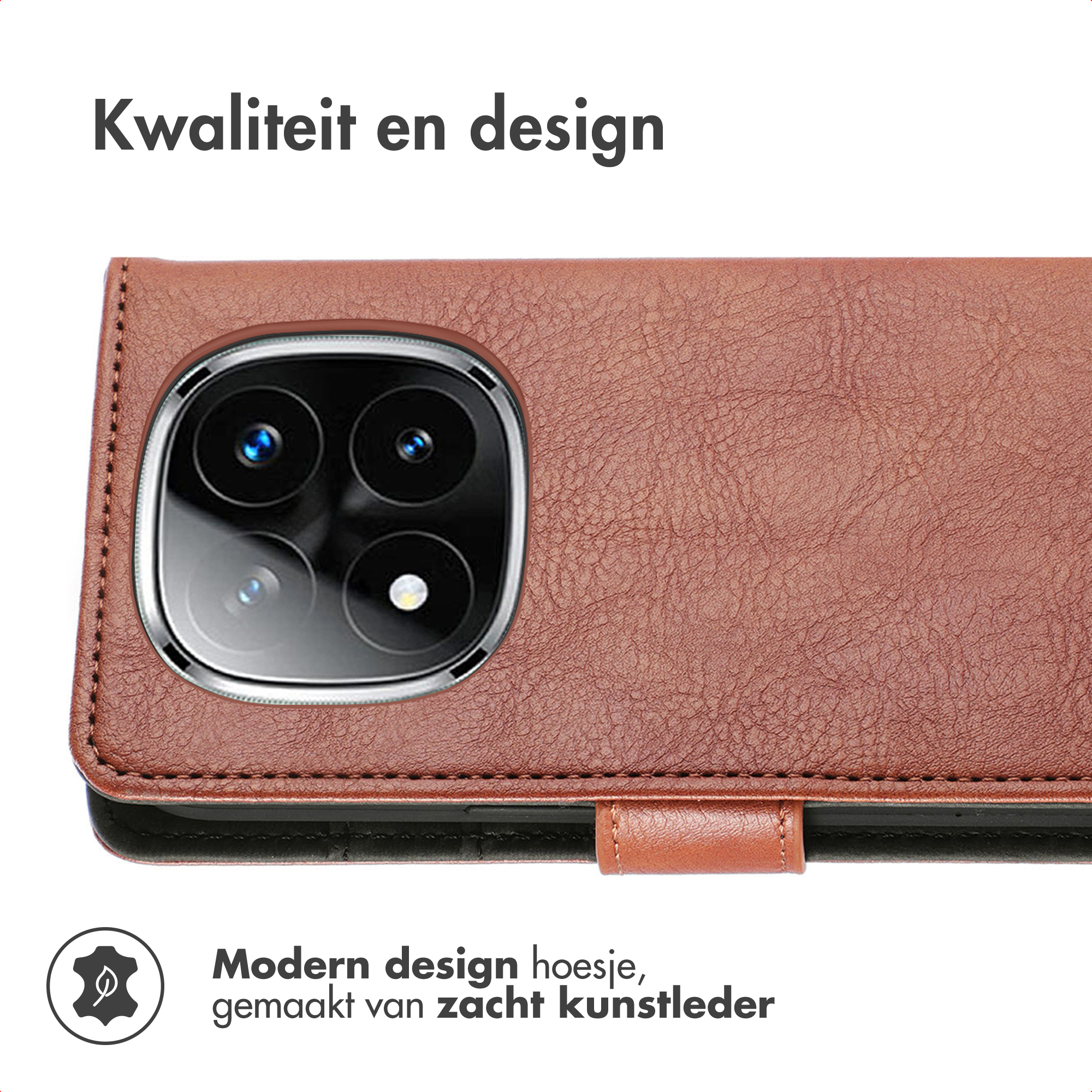 Bruine kunstleren telefoonhoes met camera-uitsparing en tekst.