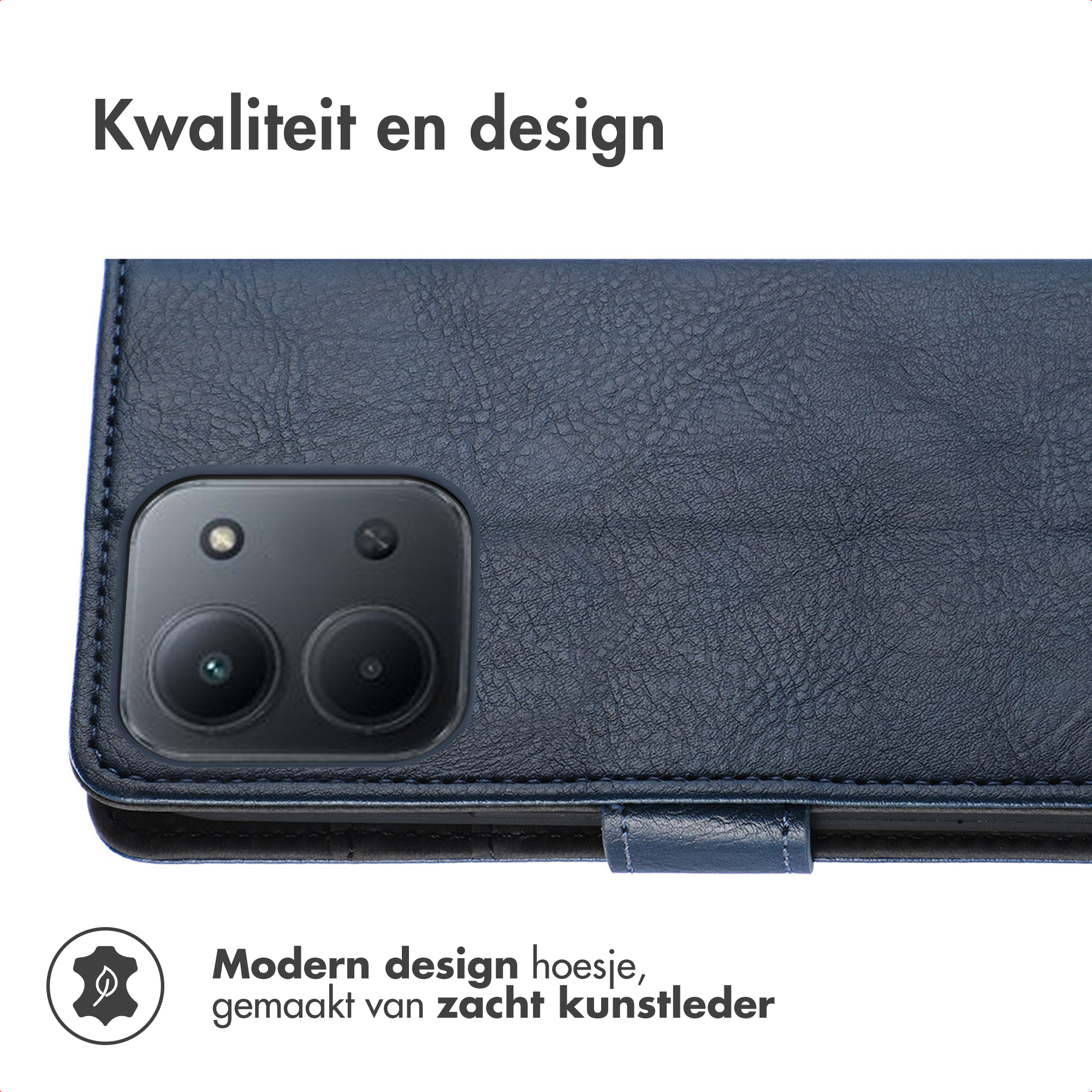 Donkerblauwe kunstleren telefoonhoes met cameralenzen en bladvormig icoon.
