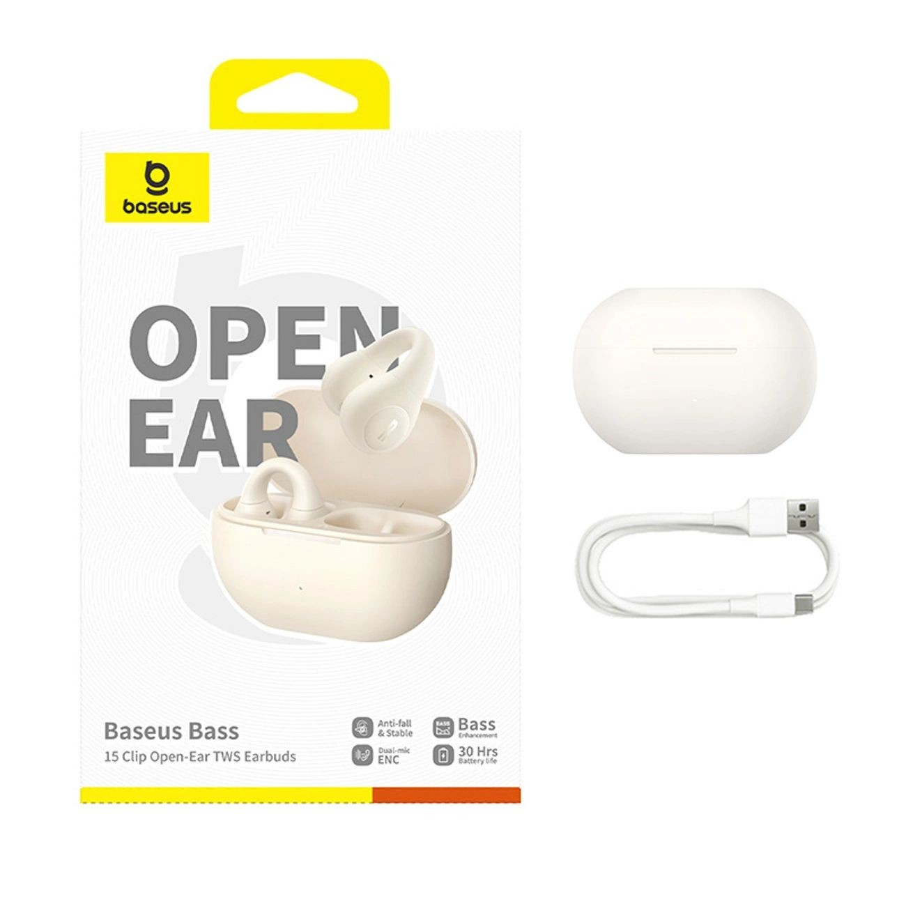 Confezione auricolari Baseus Bass con auricolari, custodia di ricarica e cavo USB.