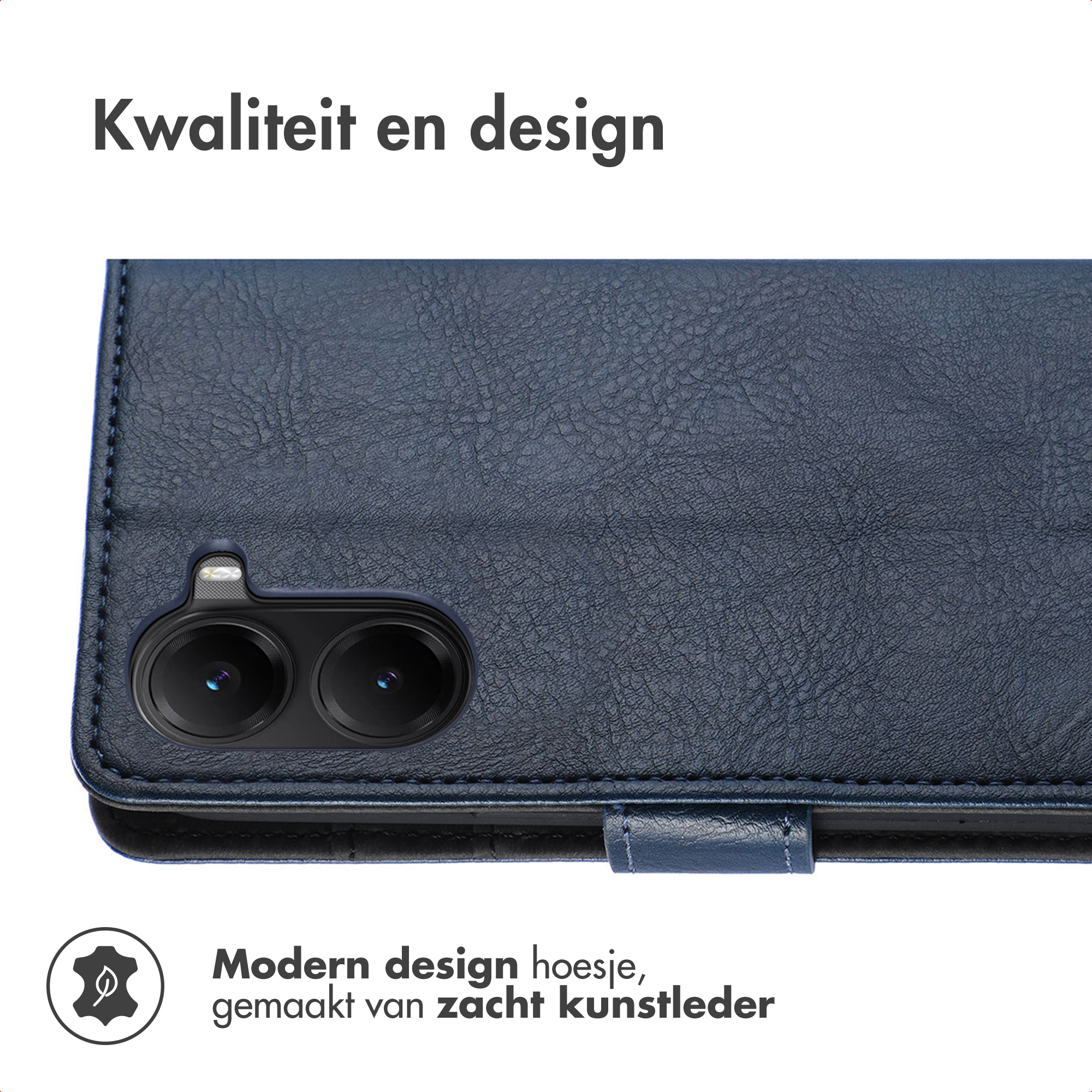 Donkerblauwe kunstleren telefoonhoes met cameralenzen en een bladicoon.