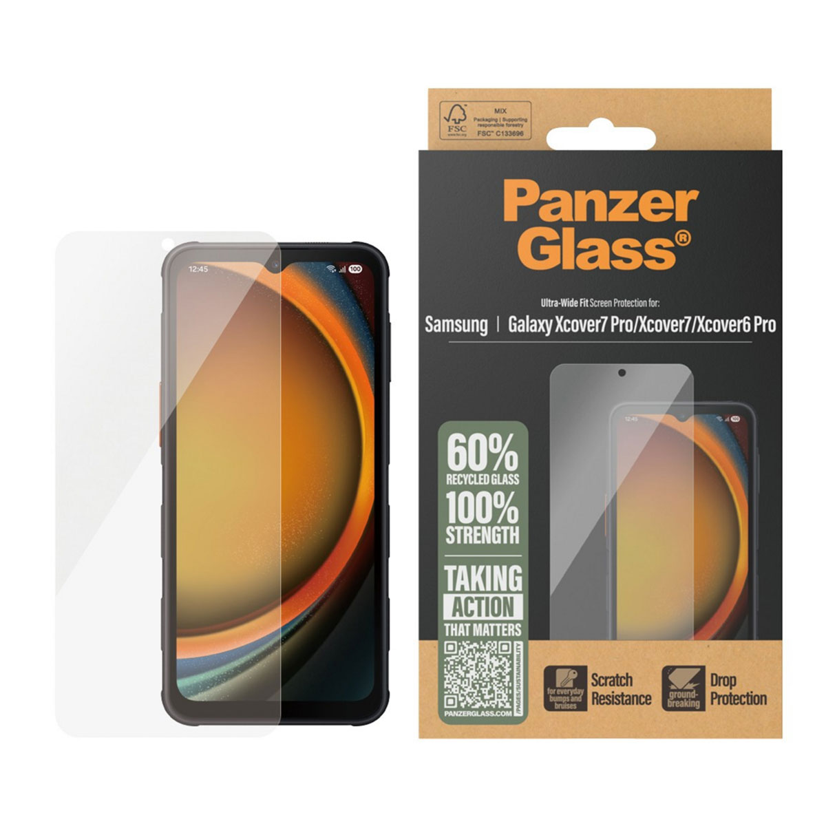 Panzer Glass screenprotector verpakking, toont een protector en een smartphone.