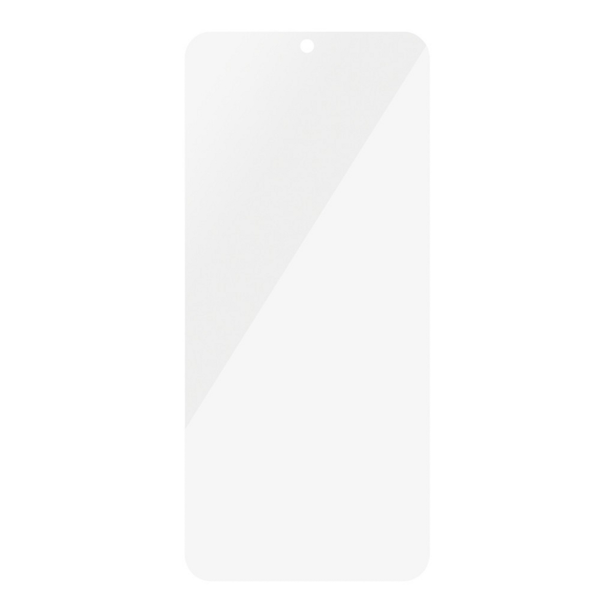 Een witte, rechthoekige screenprotector met een kleine uitsparing bovenaan.