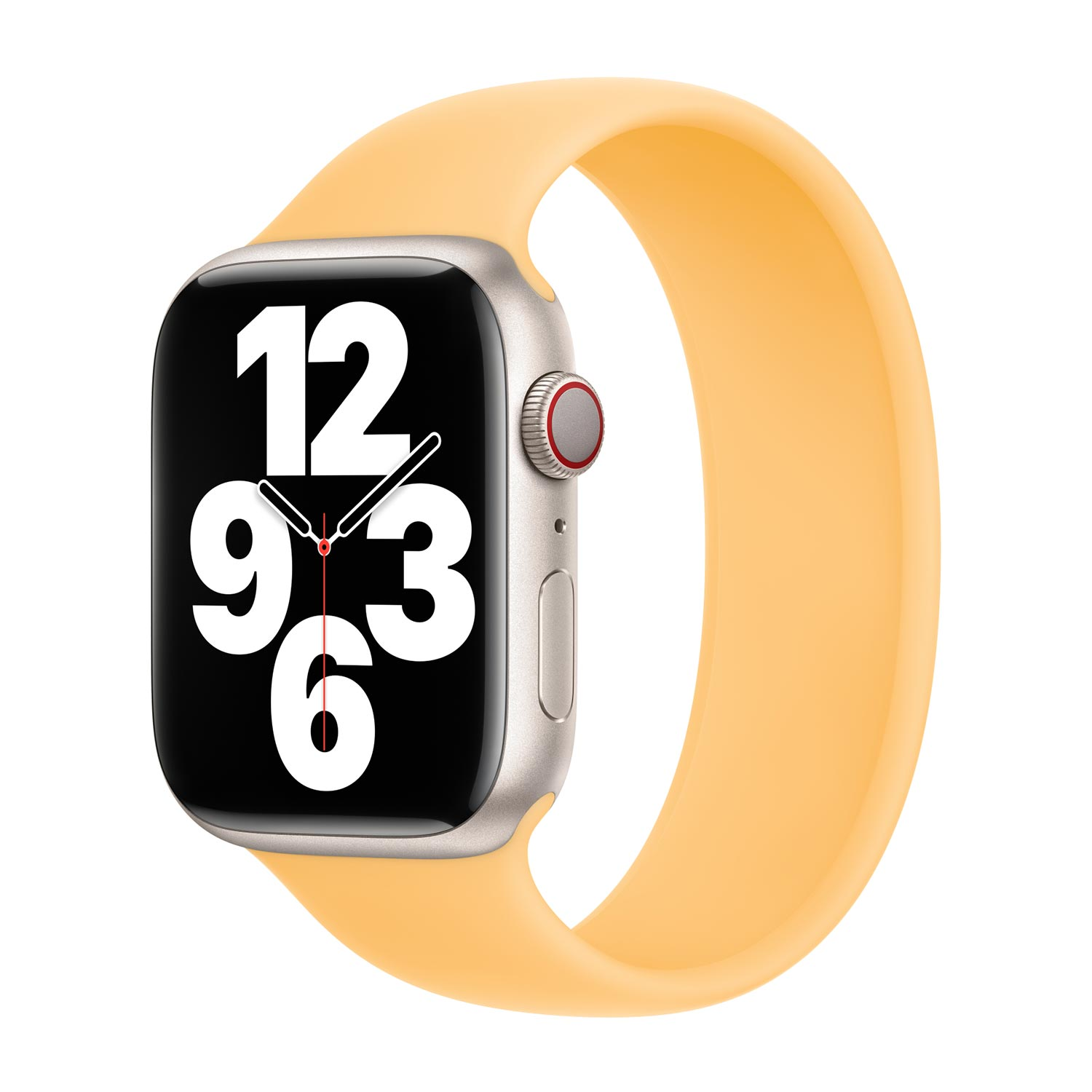 Uno smartwatch argentato con cinturino giallo che mostra l'ora digitalmente.