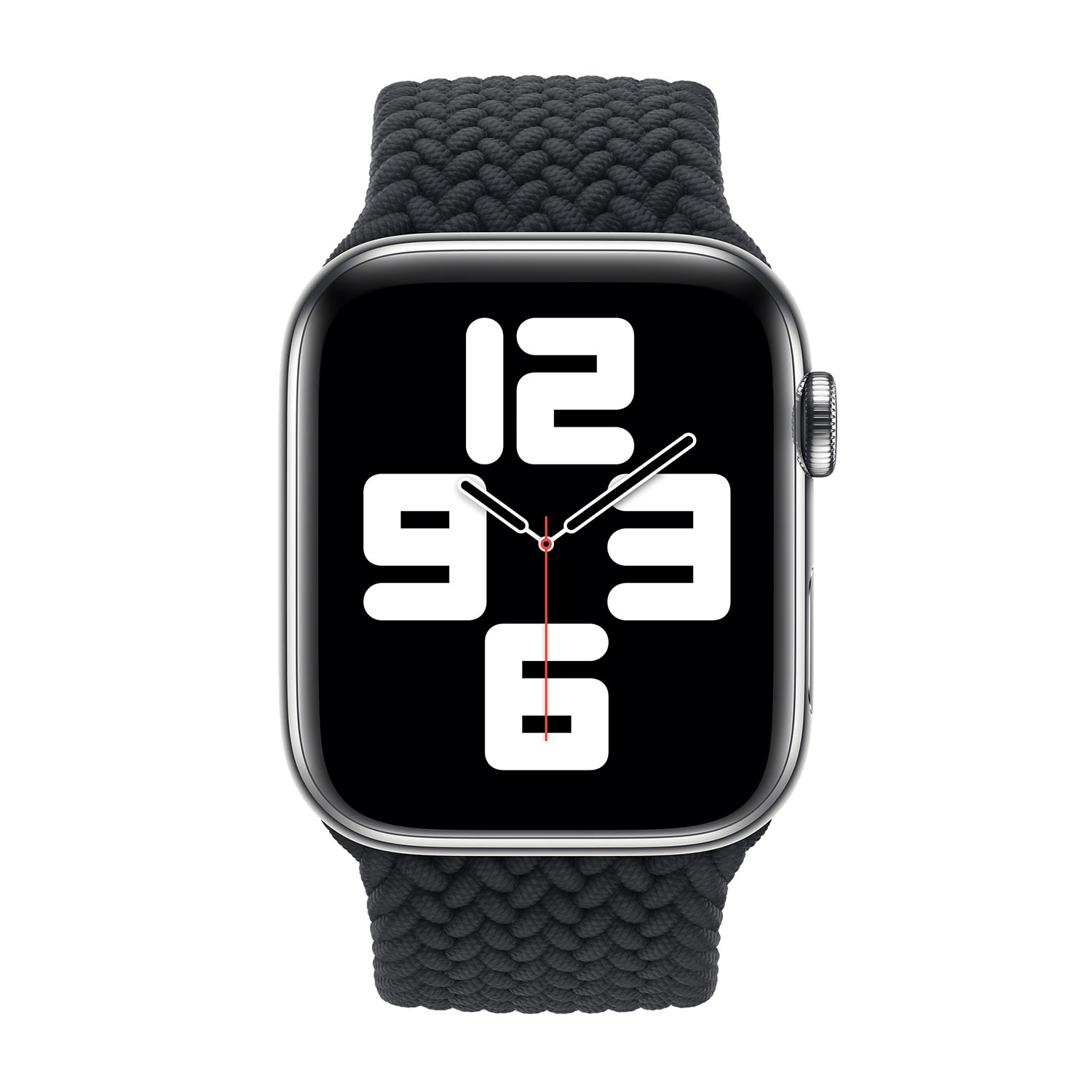 A silver smartwatch with a black braided band and a digital time display.