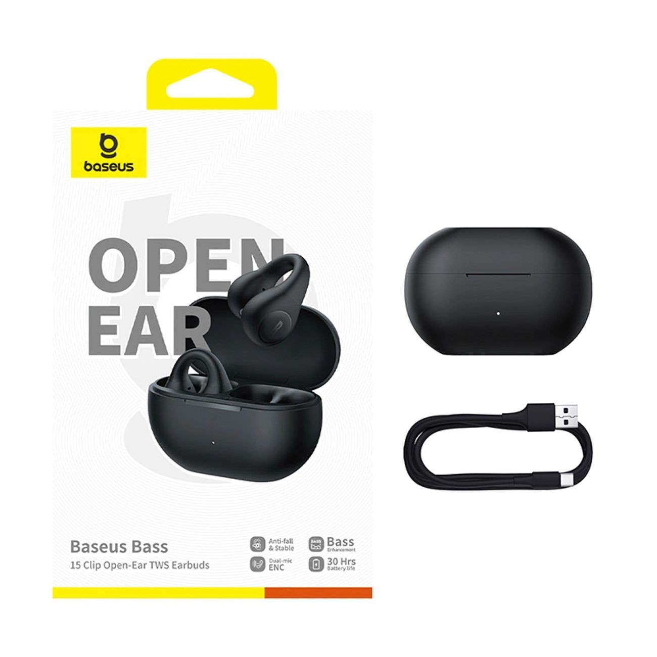 Baseus Bass Open-Ear TWS kulaklıklar şarj kutusu, kablo ve ambalaj ile.