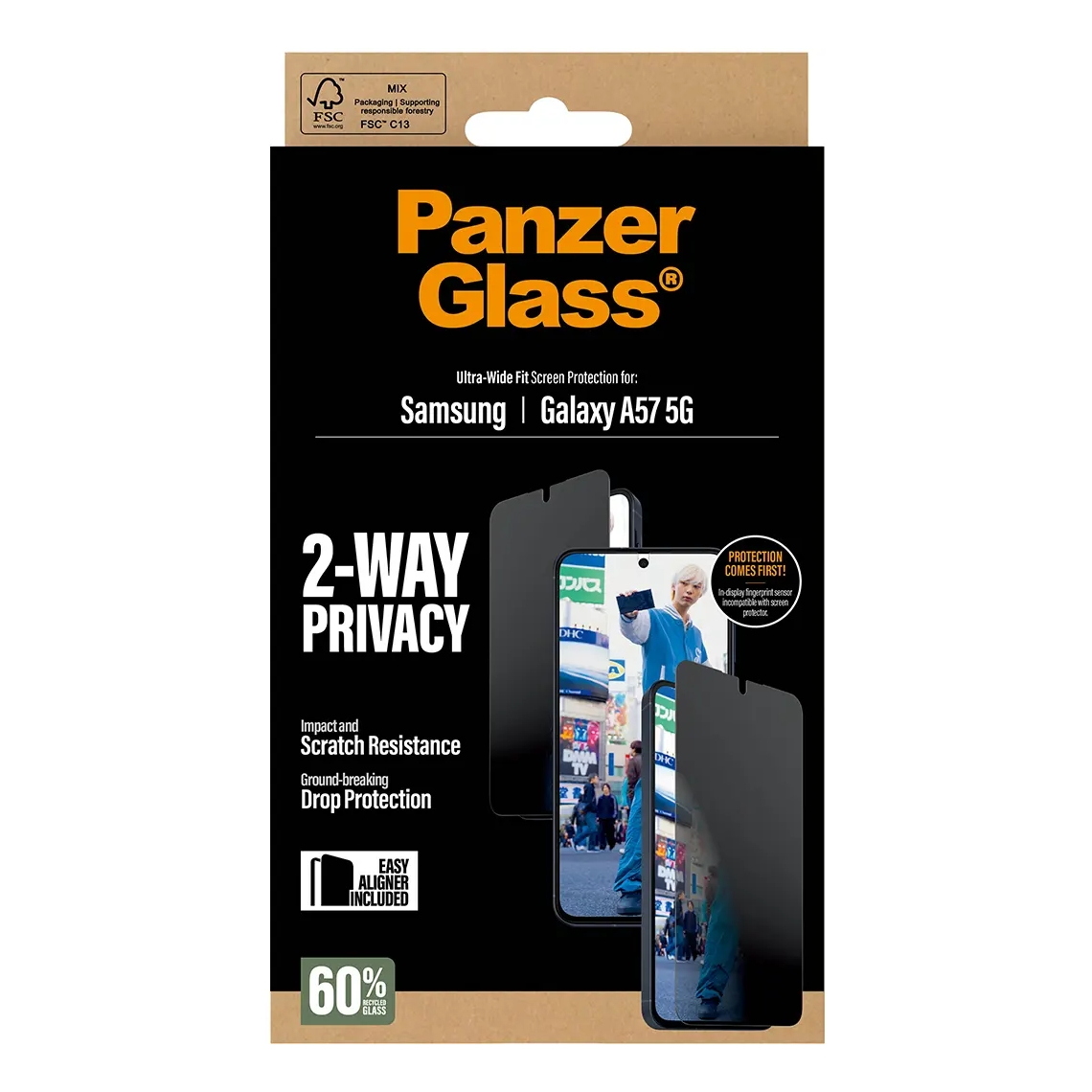 Panzer Glass schermprotector verpakking voor Samsung Galaxy A57 5G met 2-weg privacy.