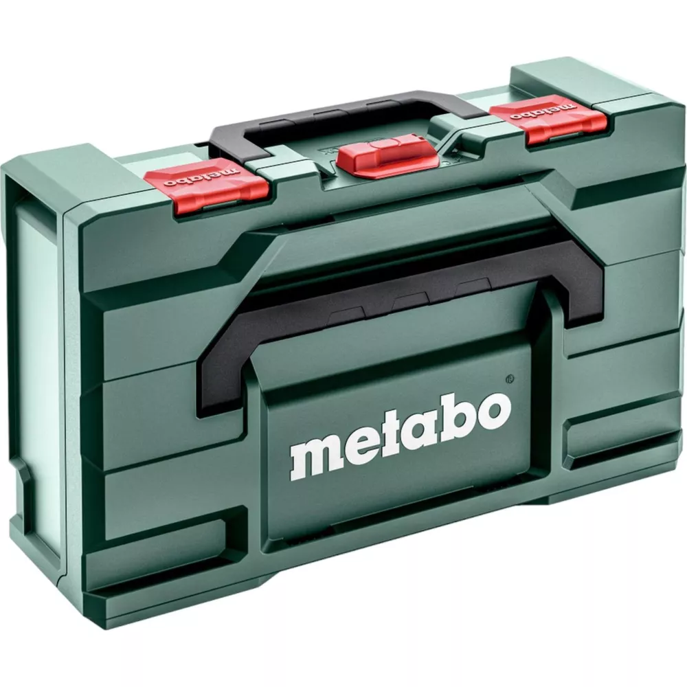 Green Metabo tool box with red latches and black handle.