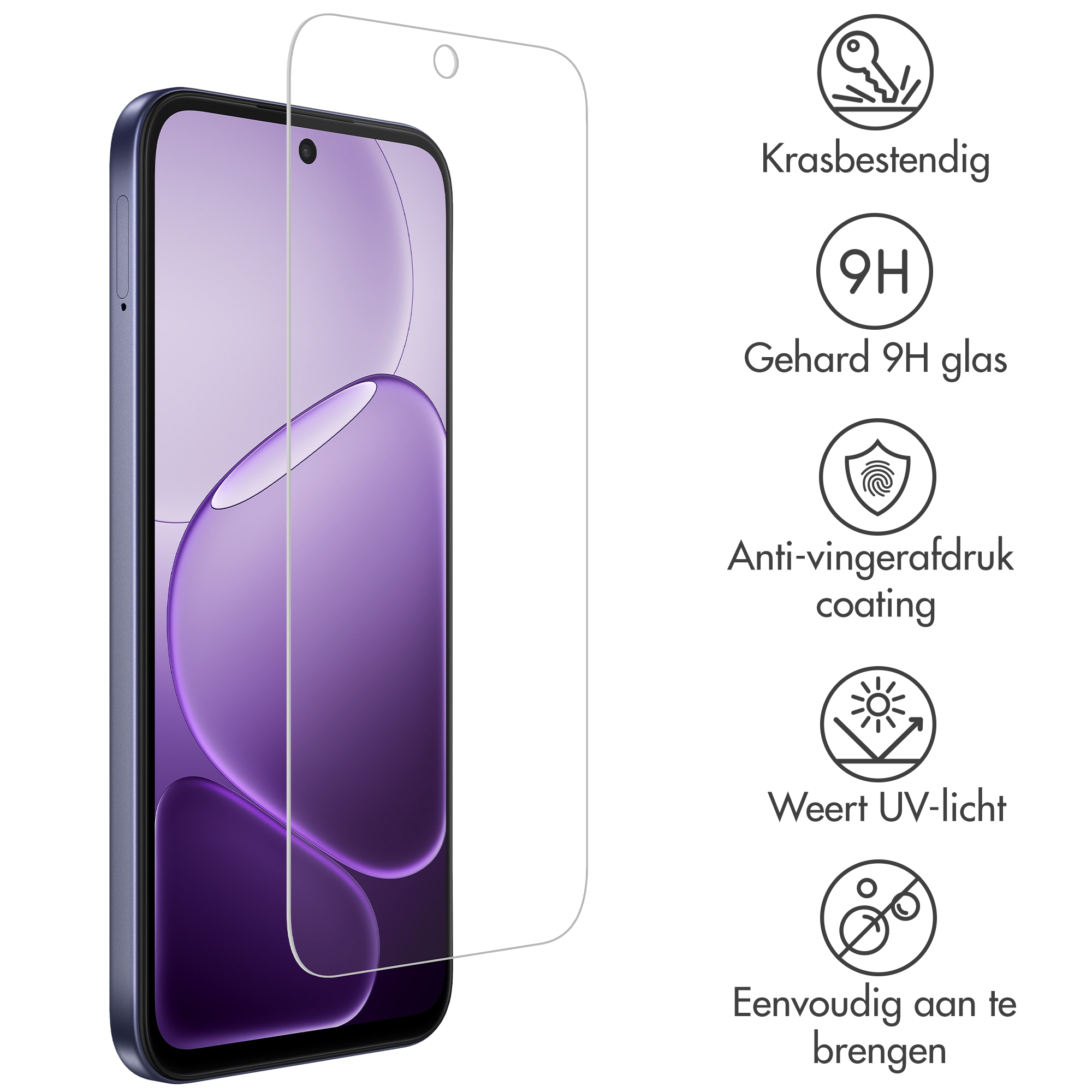 A smartphone with a screen protector, featuring scratch resistance, 9H hardness, and UV protection.