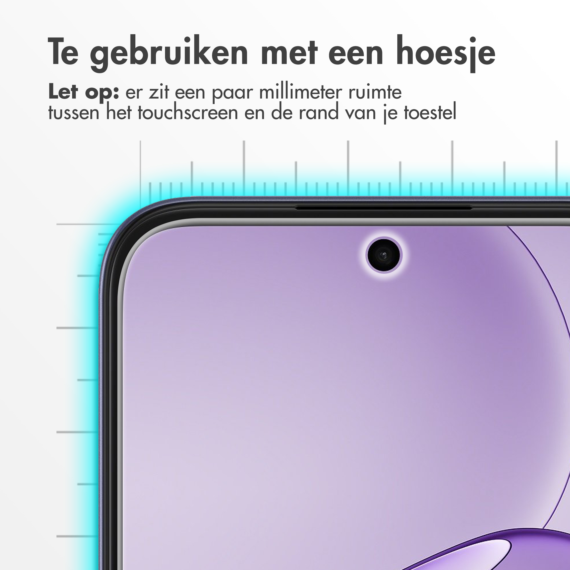 Close-up of a purple smartphone with a front camera. Text mentions cases.