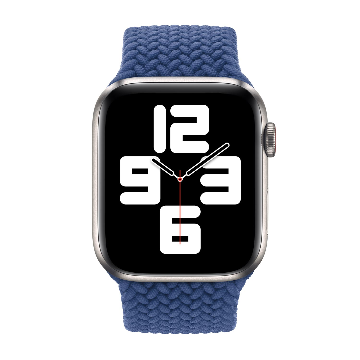 Uno smartwatch con cinturino blu intrecciato e schermo nero con grandi numeri bianchi.
